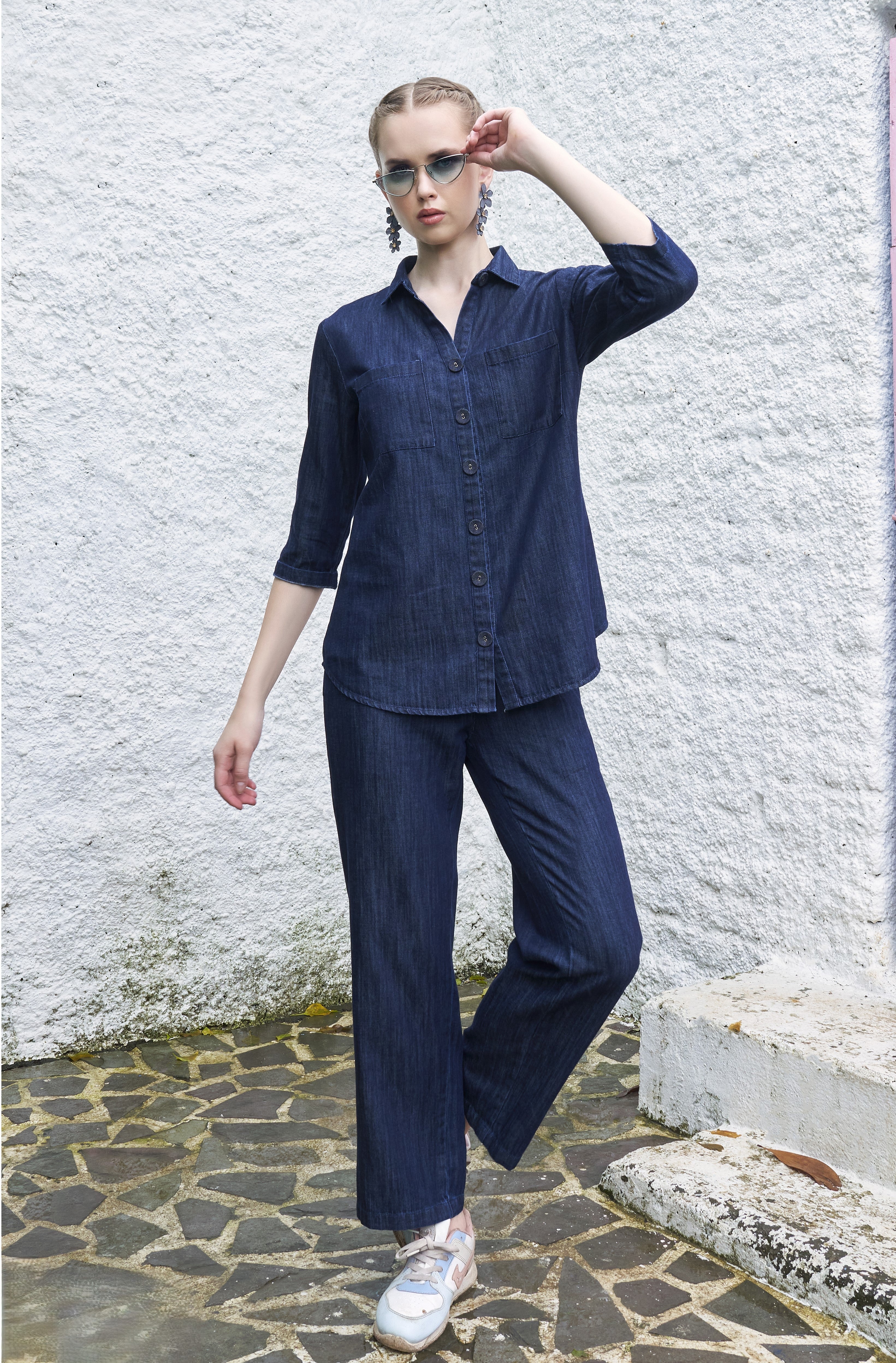 Dark Indigo Blue Solid Soft Denim Co-Ord Set