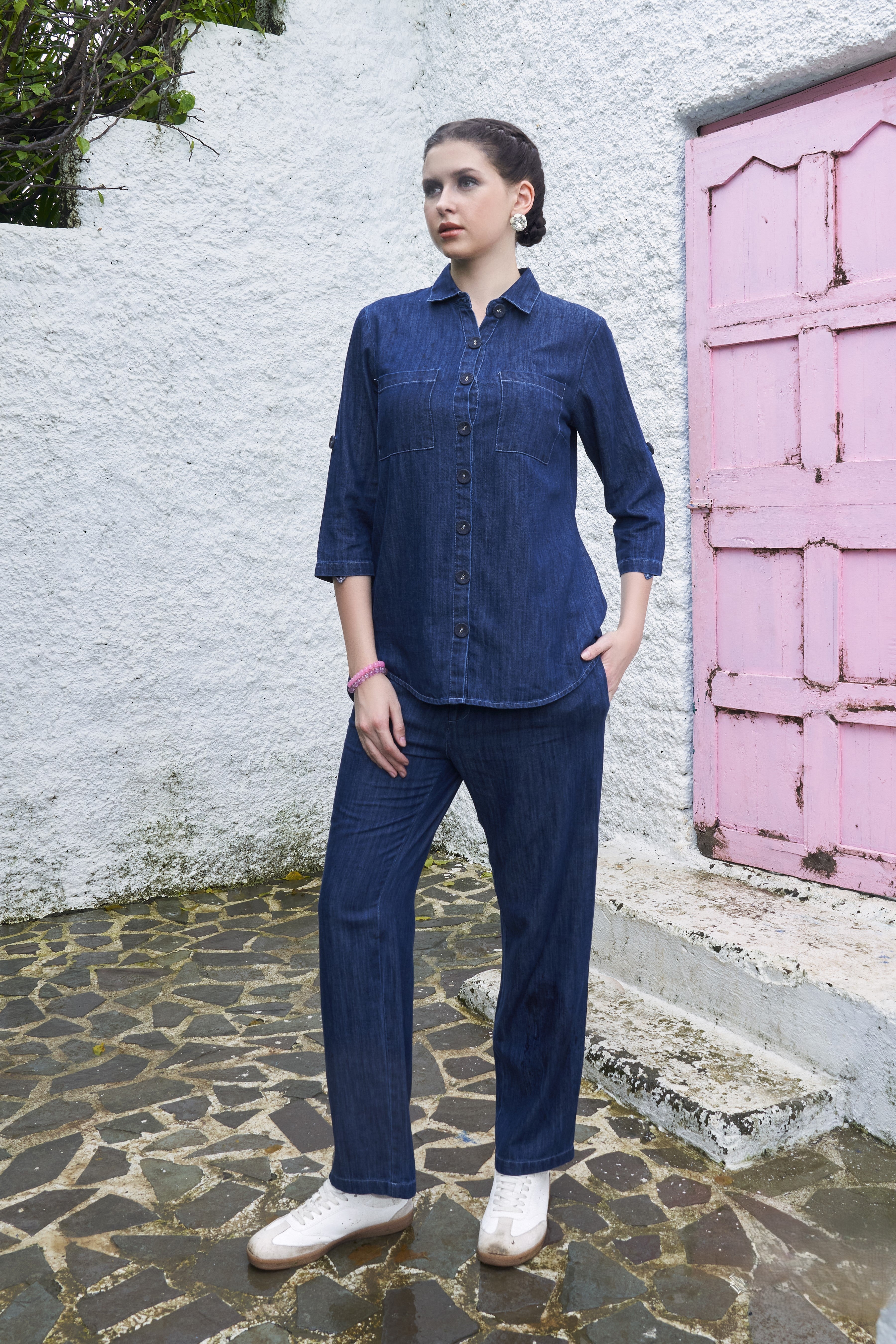 Rich Denim Blue Solid Soft Denim Co-Ord Set