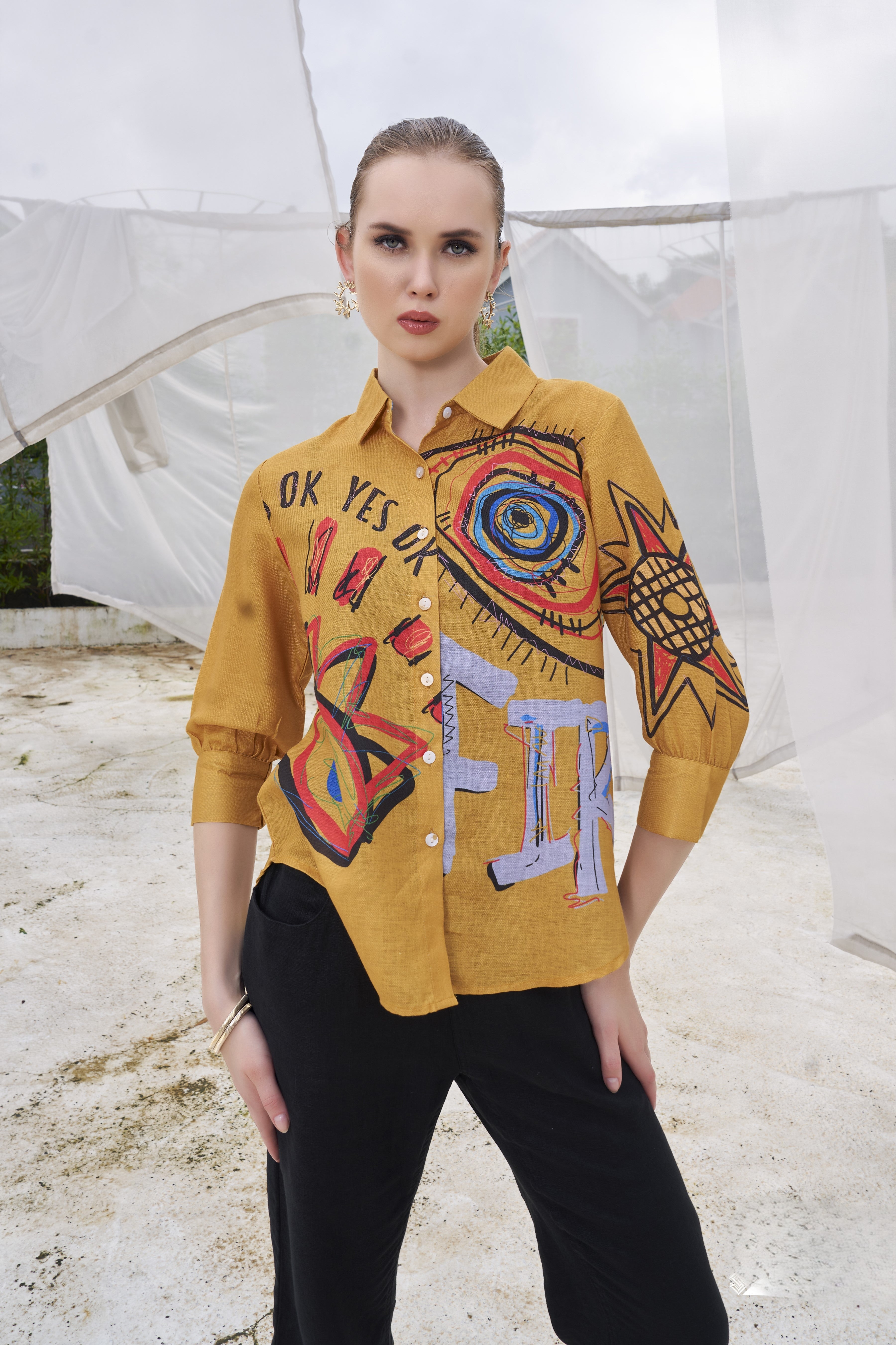 Mustard Yellow Printed Cotton Linen Shirt