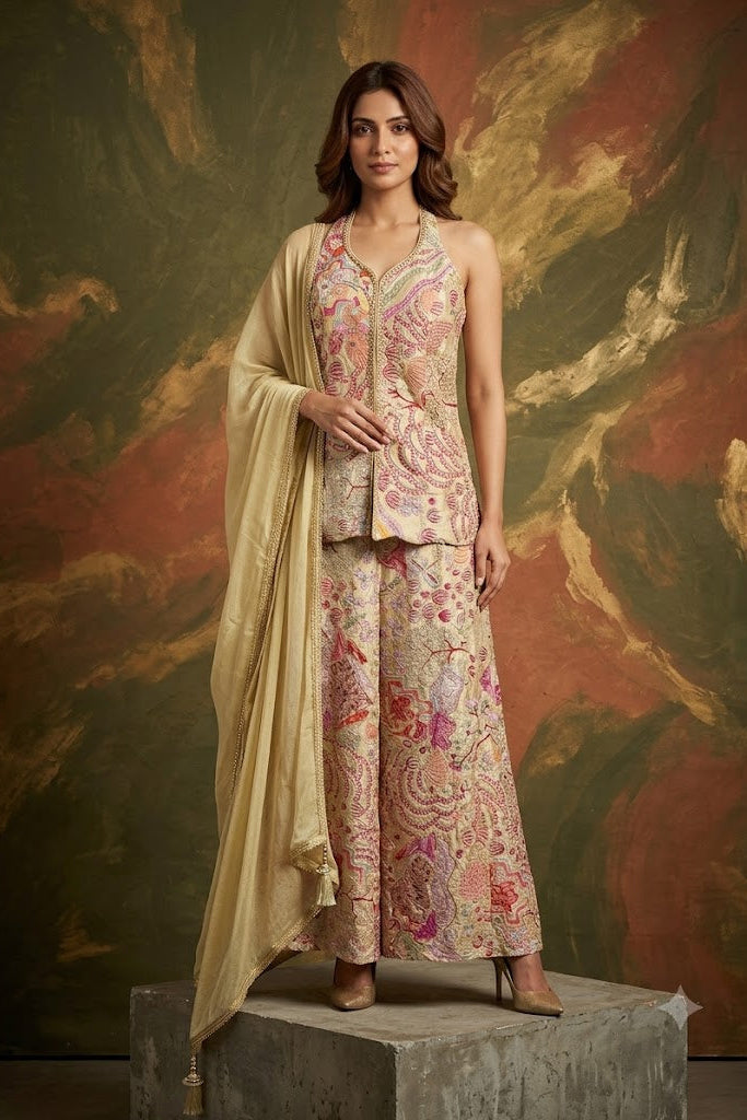 Sage Green Embellished Satin Silk Palazzo Set