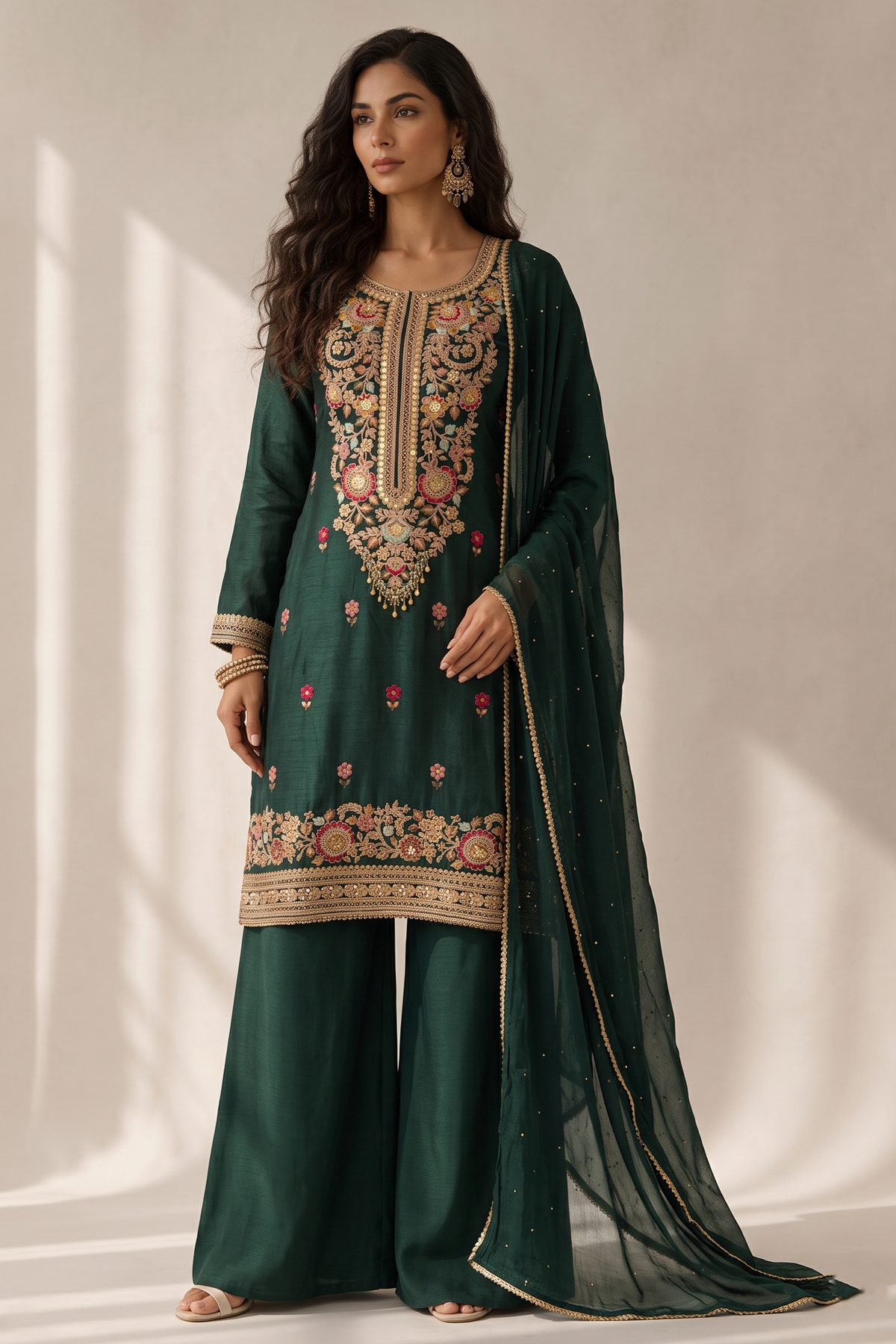 Emerald Green Embellished Chinon Silk Palazzo Set