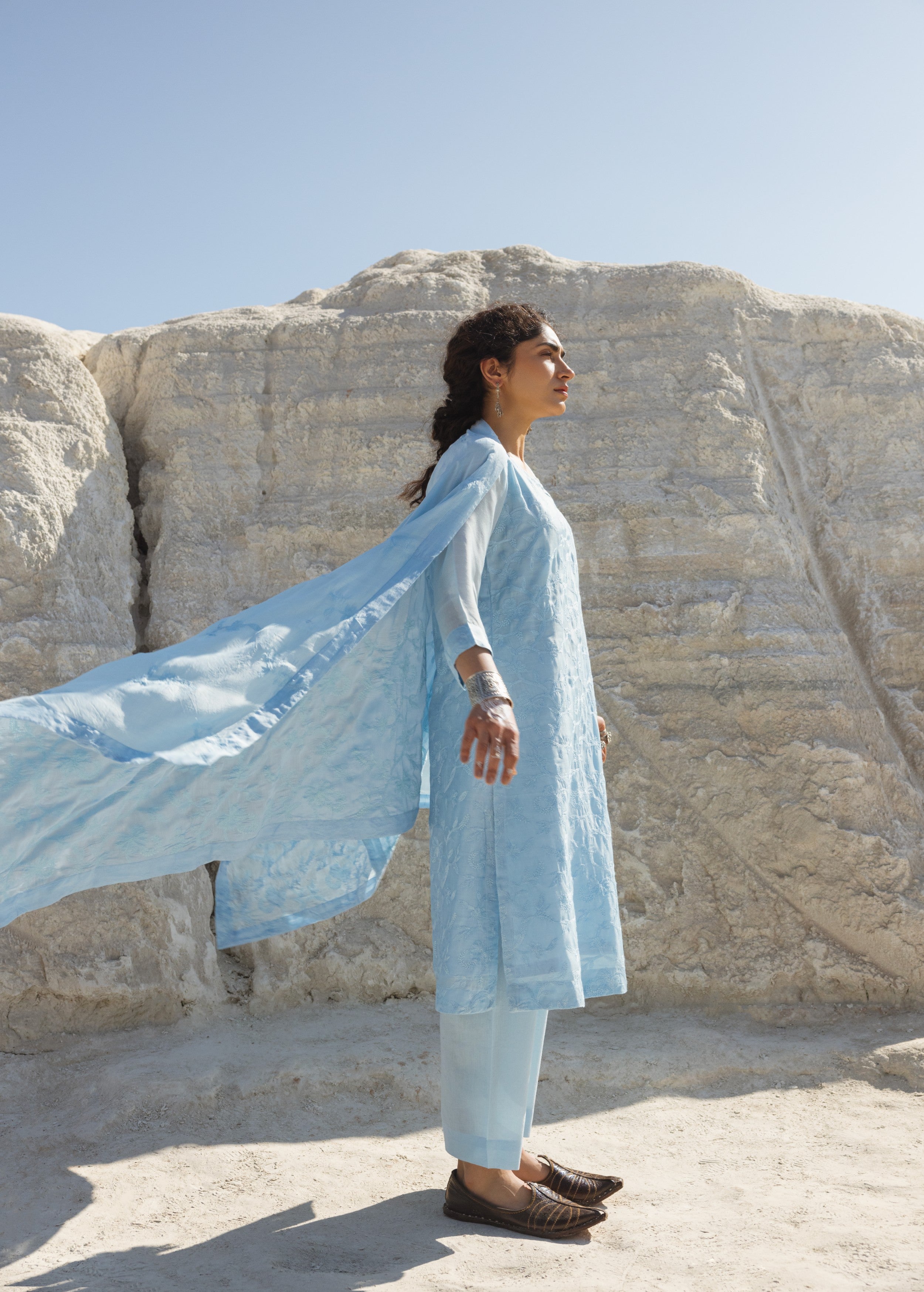 Sky Blue Embroidered Mul-Chanderi Silk Pant Set