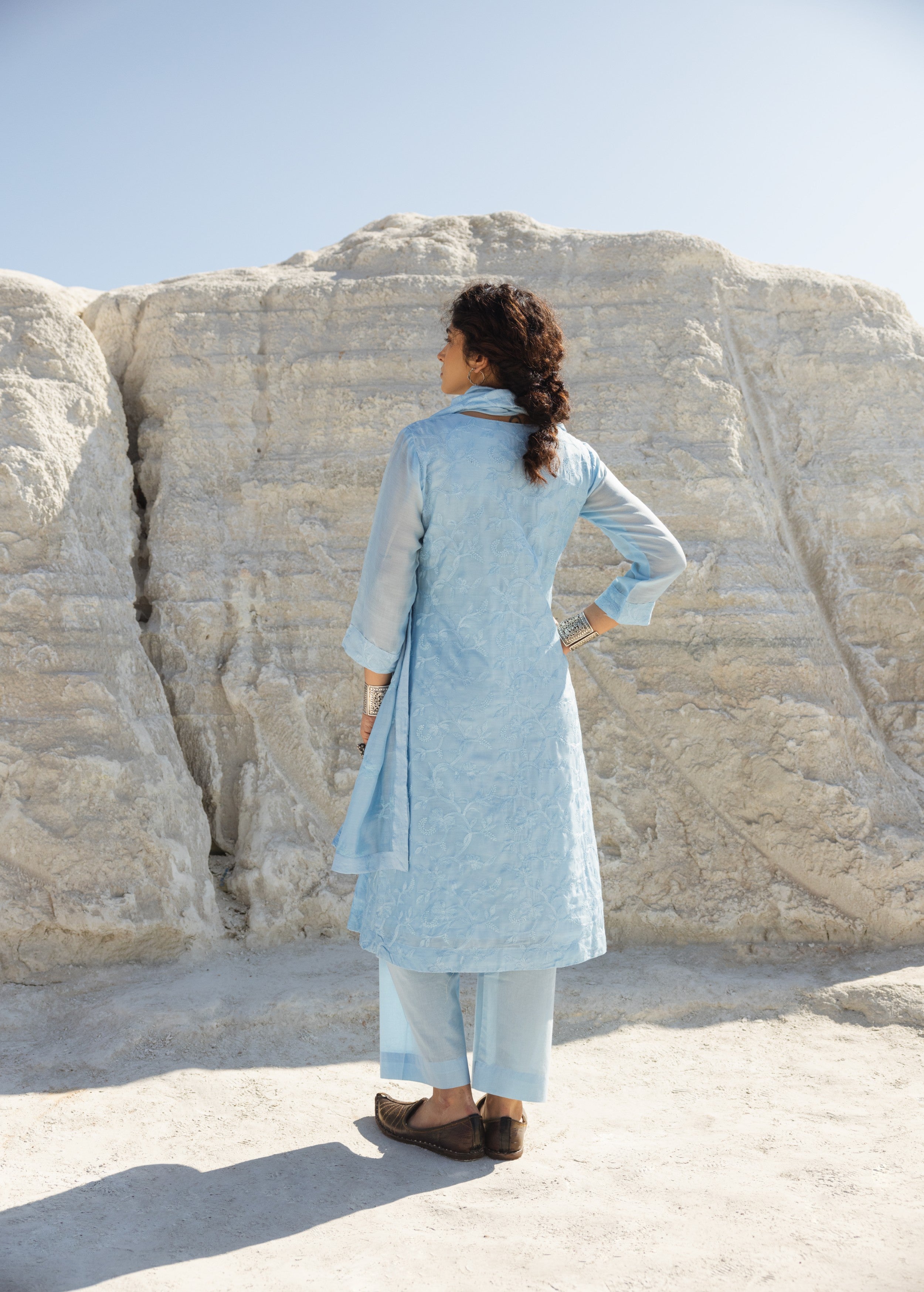 Sky Blue Embroidered Mul-Chanderi Silk Pant Set