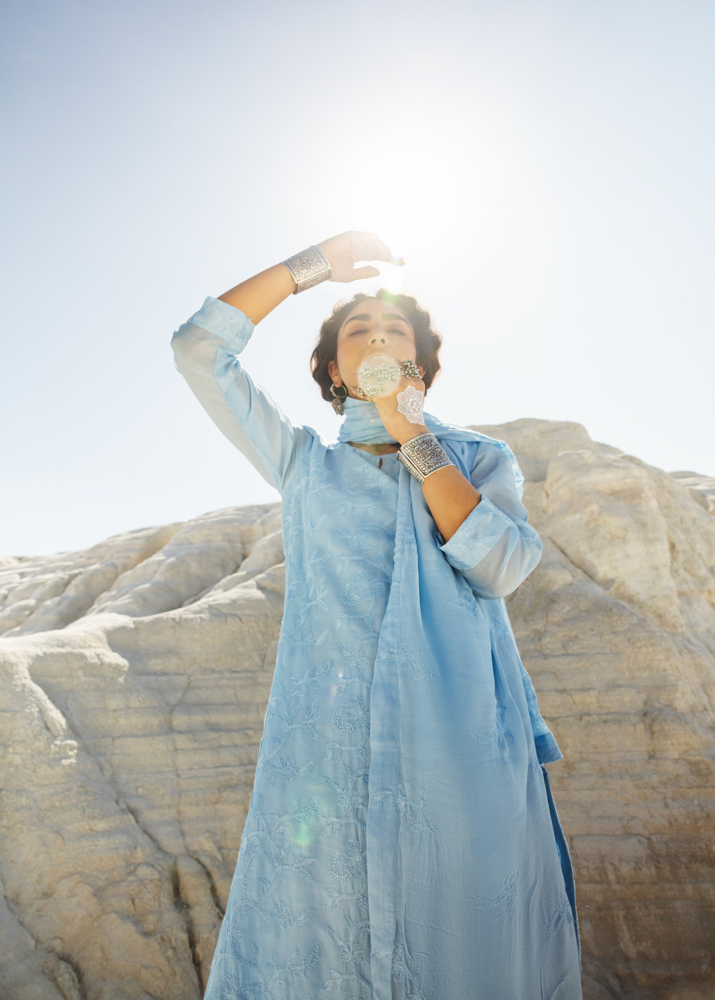 Sky Blue Embroidered Mul-Chanderi Silk Pant Set