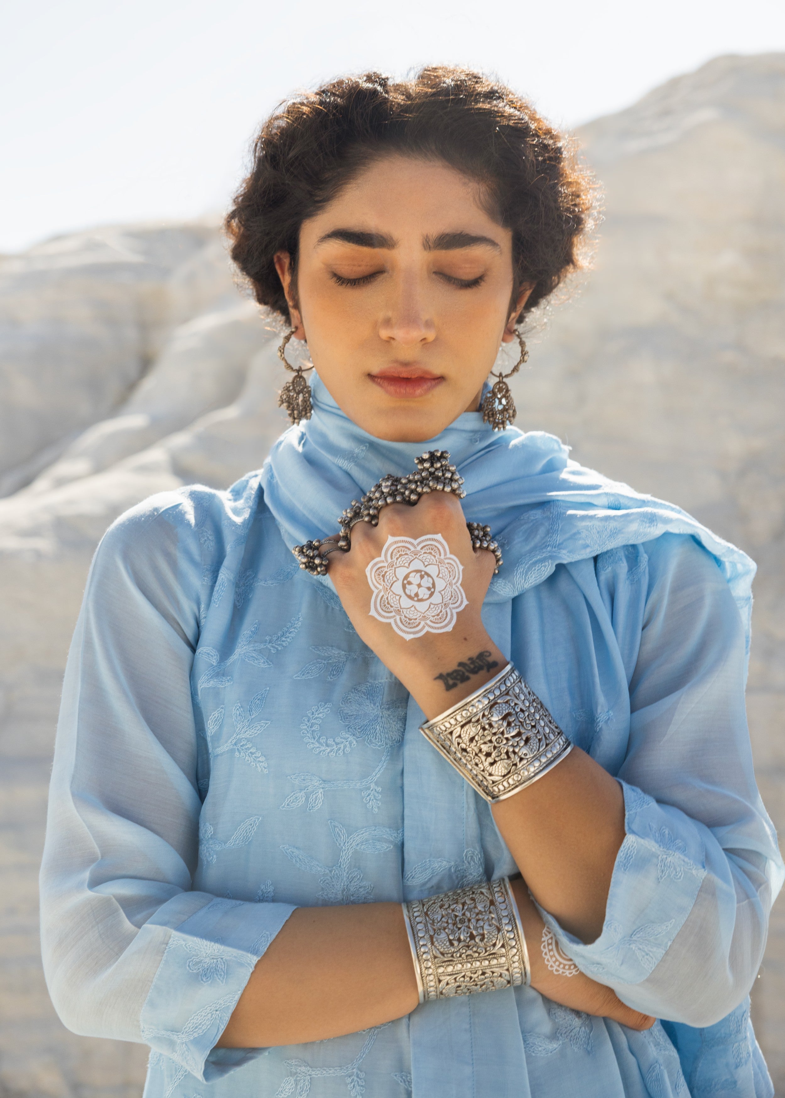 Sky Blue Embroidered Mul-Chanderi Silk Pant Set