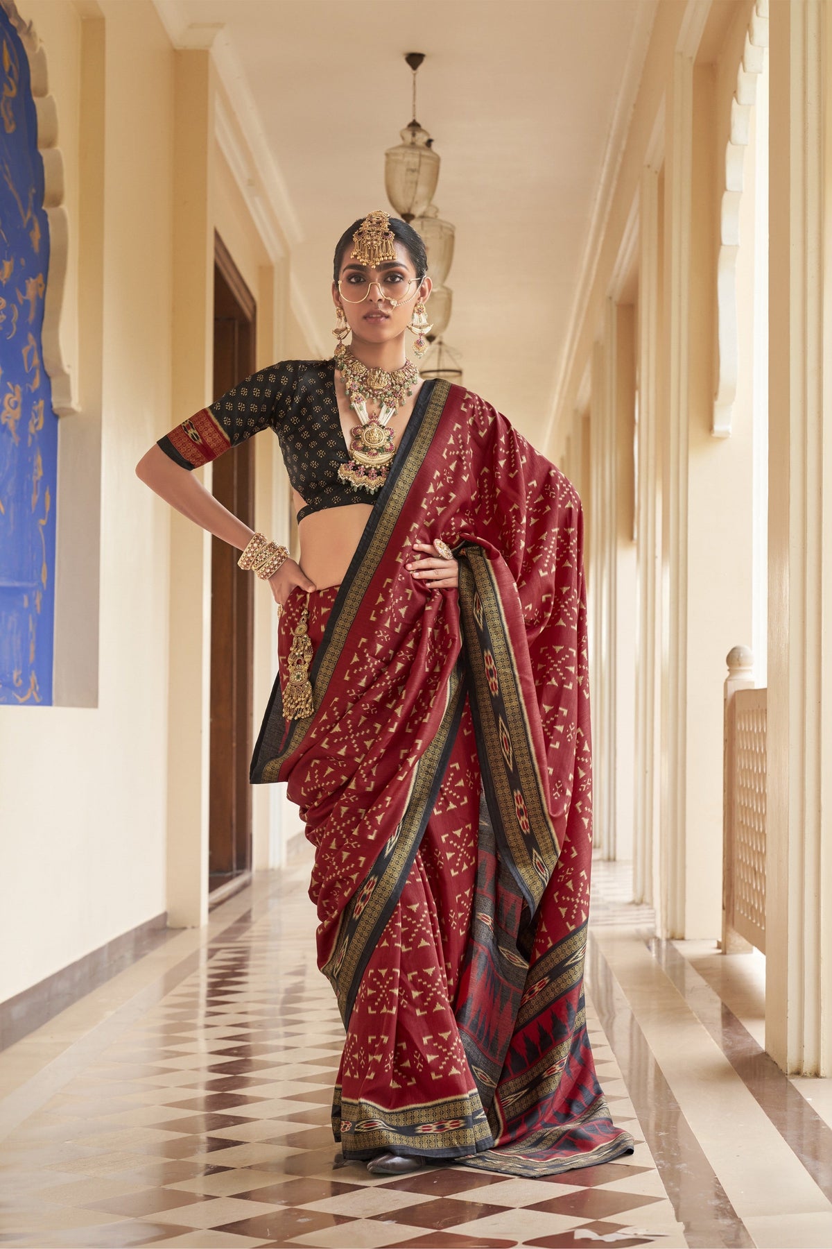 Crimson Red Printed Premium Silk Saree