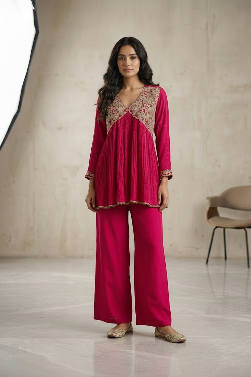 Raspberry Pink Embellished Chinon Silk Palazzo Set