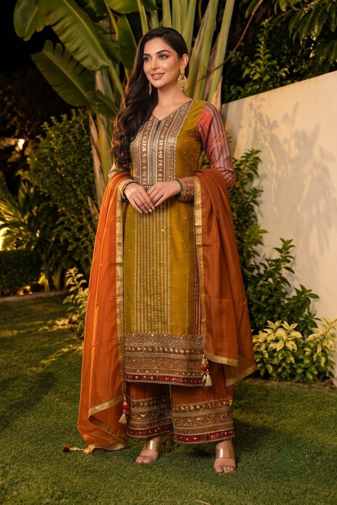 Multicolor Embellished Shimmer Tissue Silk Pant Set