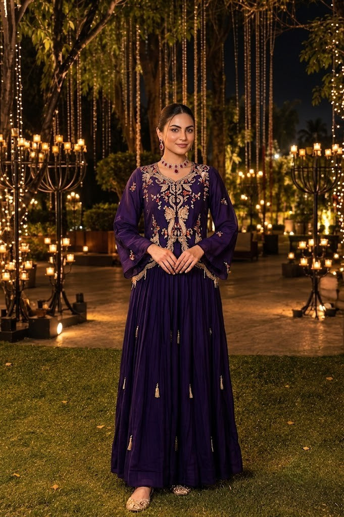 Dark Purple Embellished Crepe Silk Skirt Set