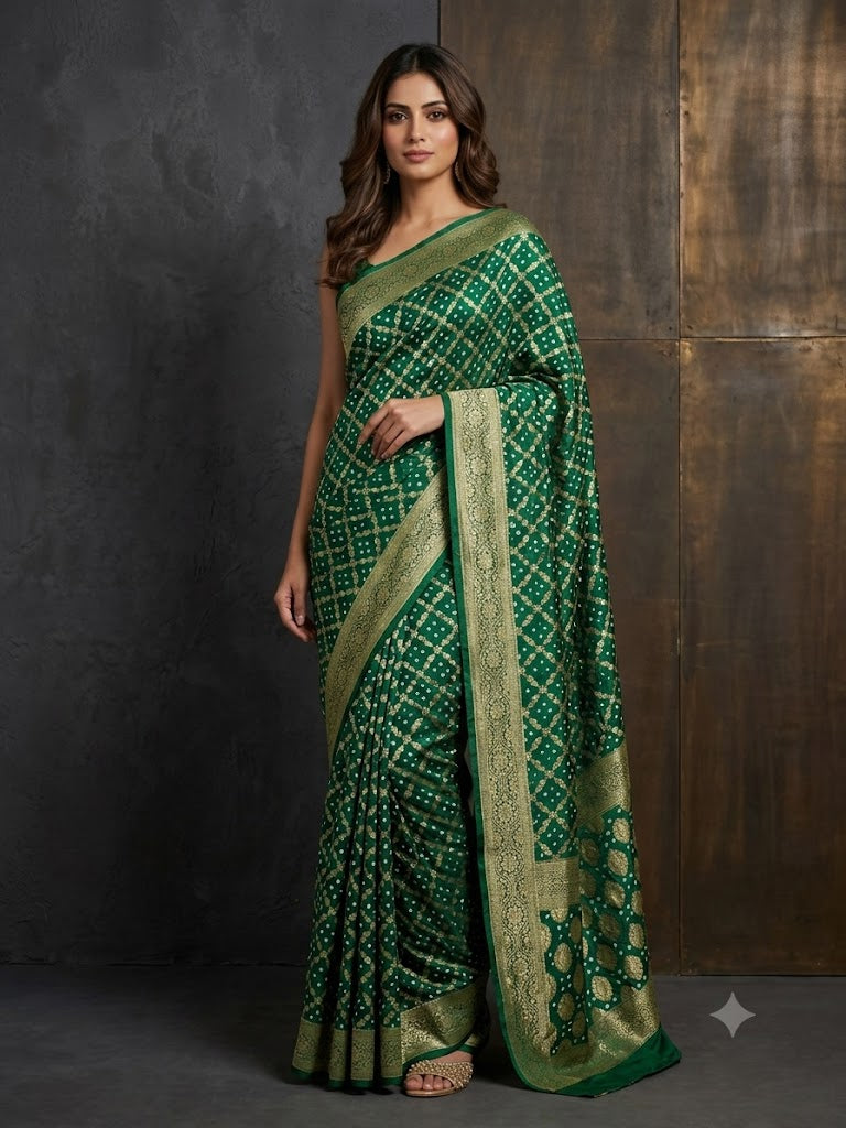 Emerald Green Bandhej Printed Premium Silk Saree