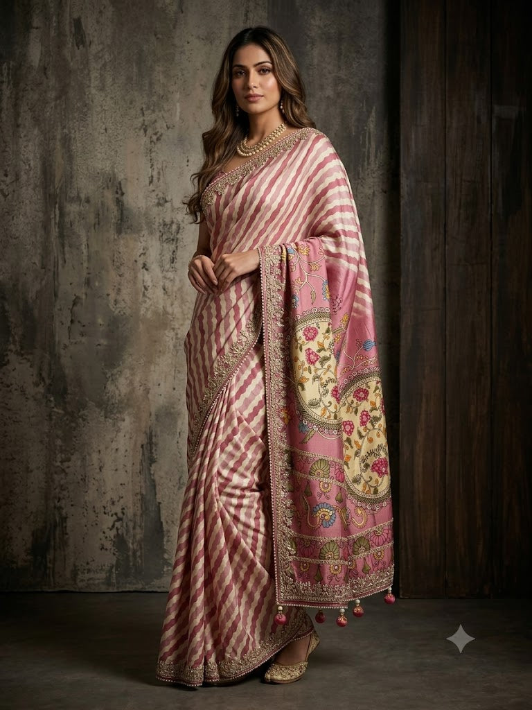 Pink Leheriya Embroidered Dola Silk Saree