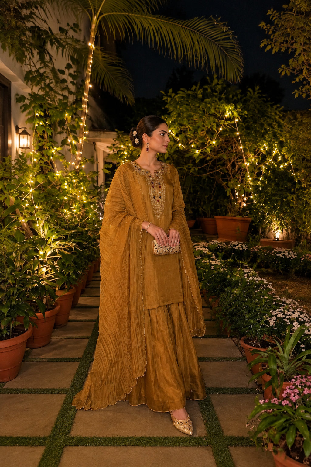 Metallic Gold Embellished Shimmer Tissue Silk Sharara Set