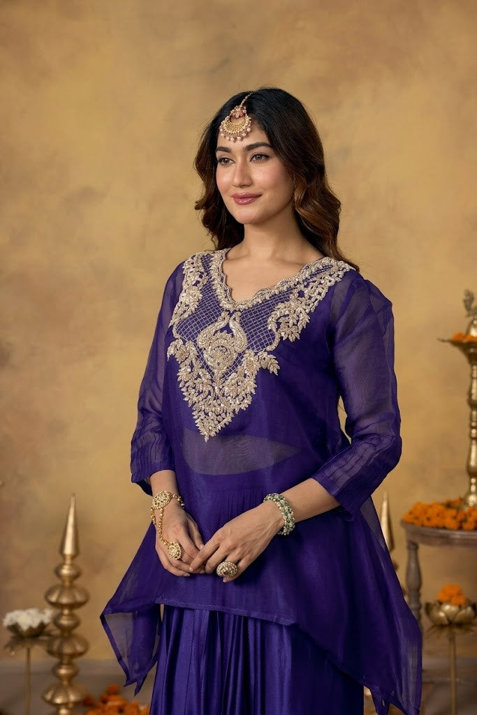 Royal Purple Embellished Satin Silk Skirt Set