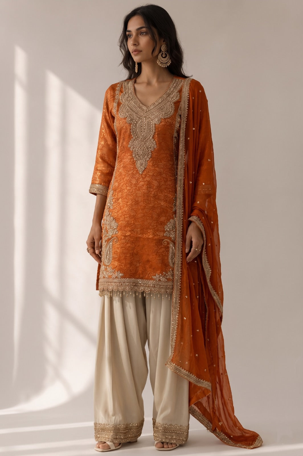 Tangerine Embellished Banarasi Brocade Silk Pant Set