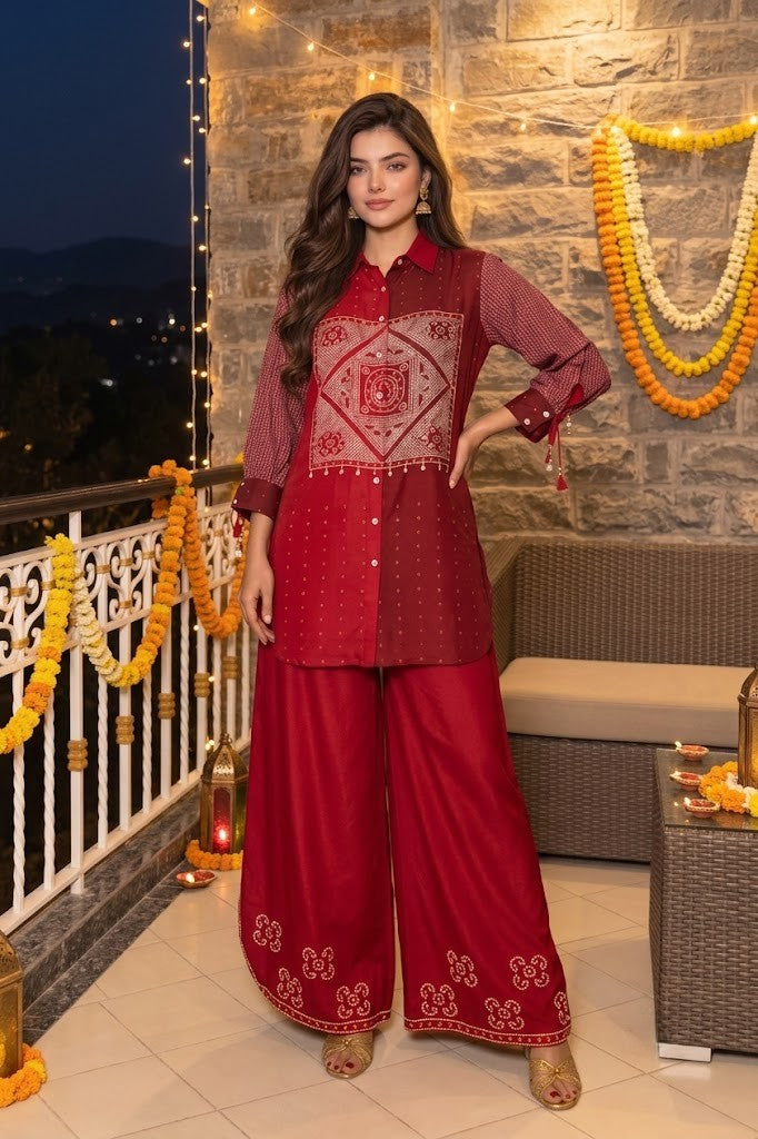 Crimson Red Bandhni Crepe Silk Co-ord Set