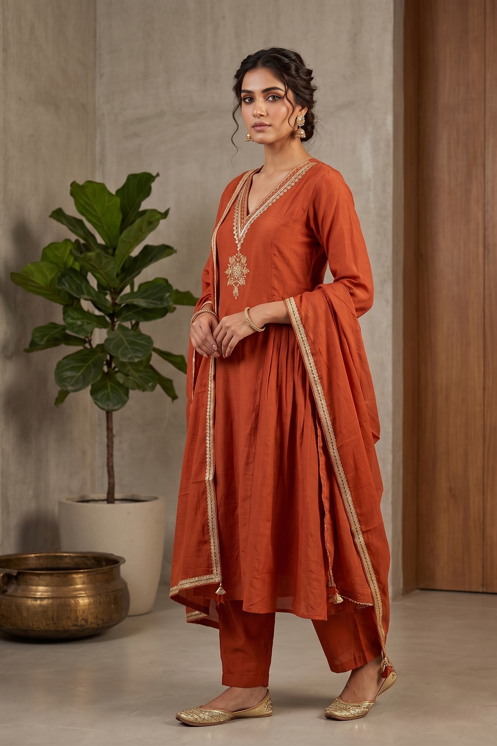 Rust Orange Mul Chanderi Silk Suit Set