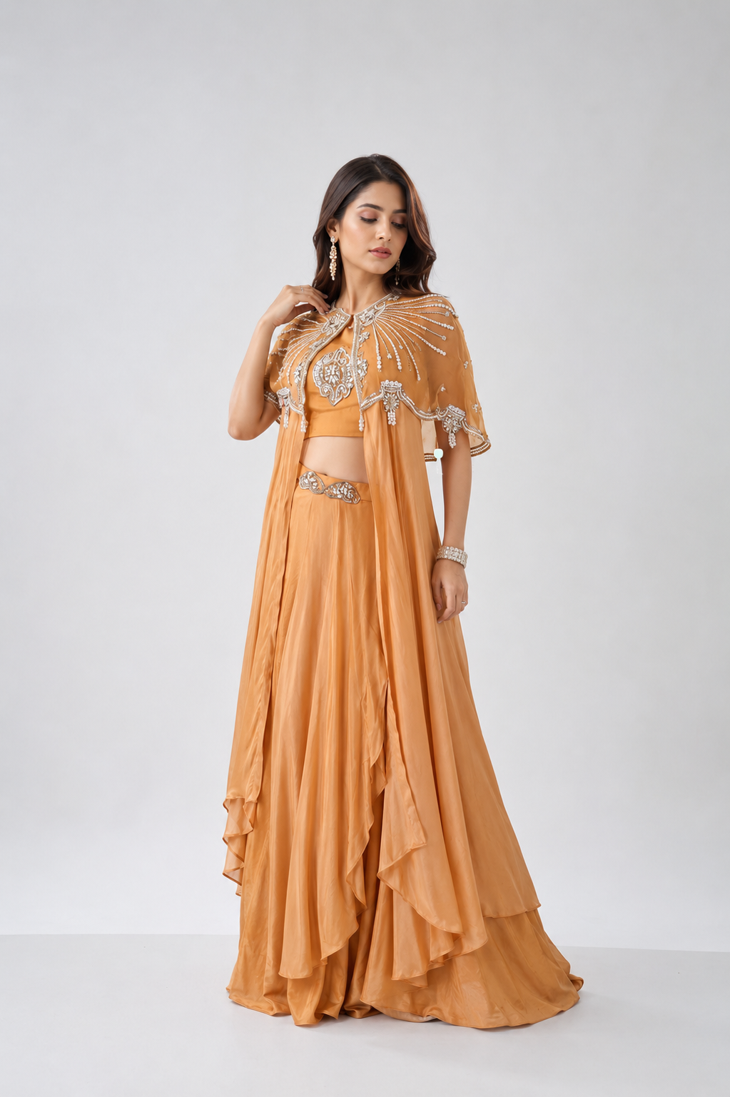 Light Orange Embellished Crepe Silk Skirt Set