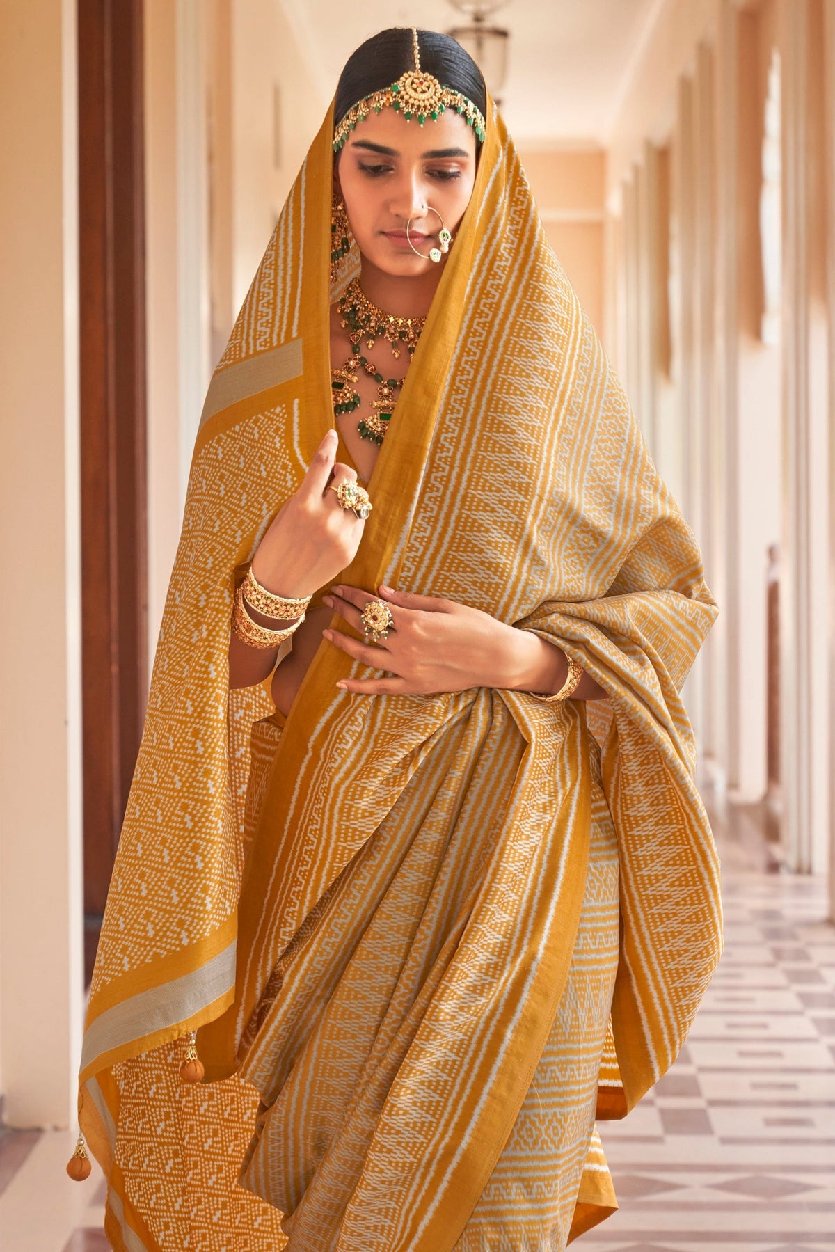 Mustard Yellow Printed Premium Silk Saree