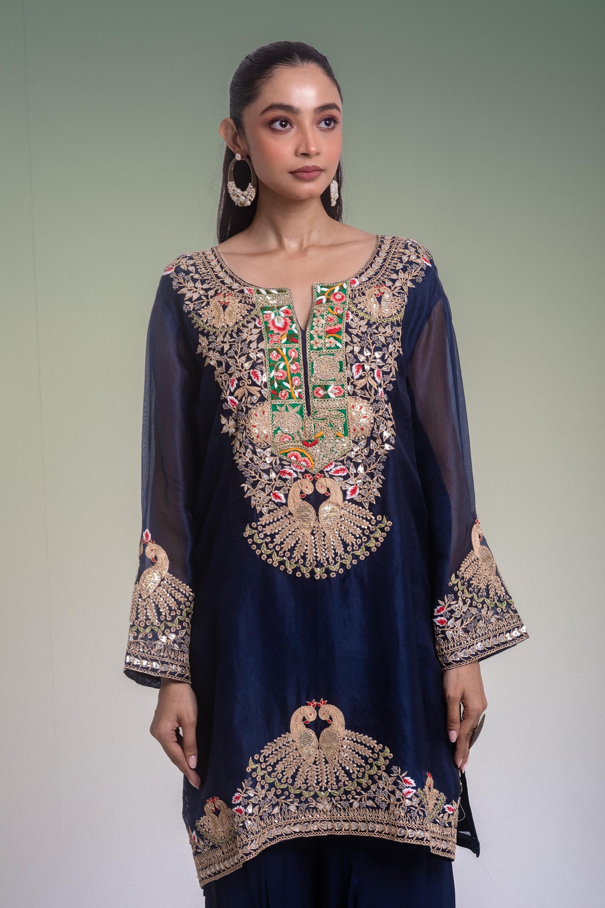 Deep Midnight Blue Embellished Organza Silk Palazzo Set
