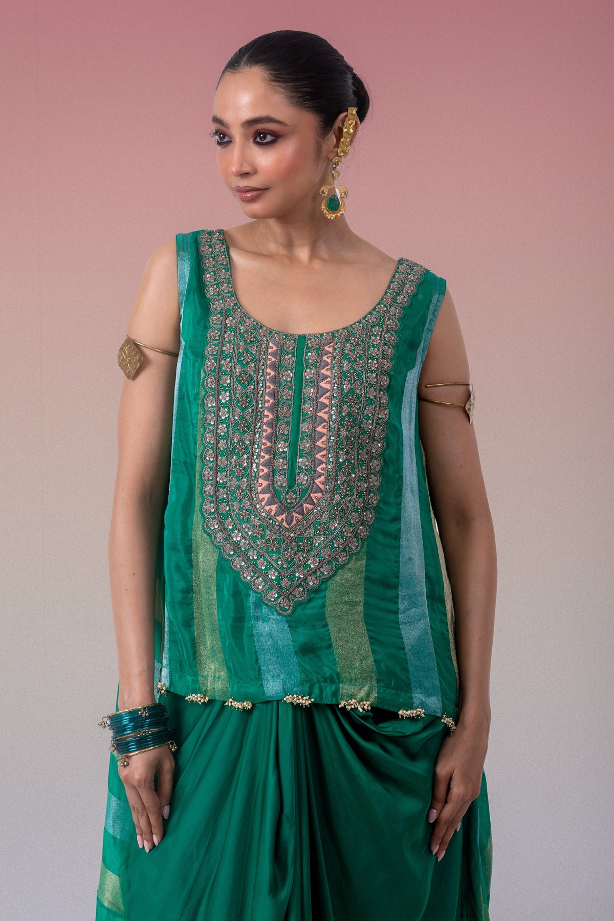 Dark Green Embellished Brocade Banarasi Silk Skirt Set