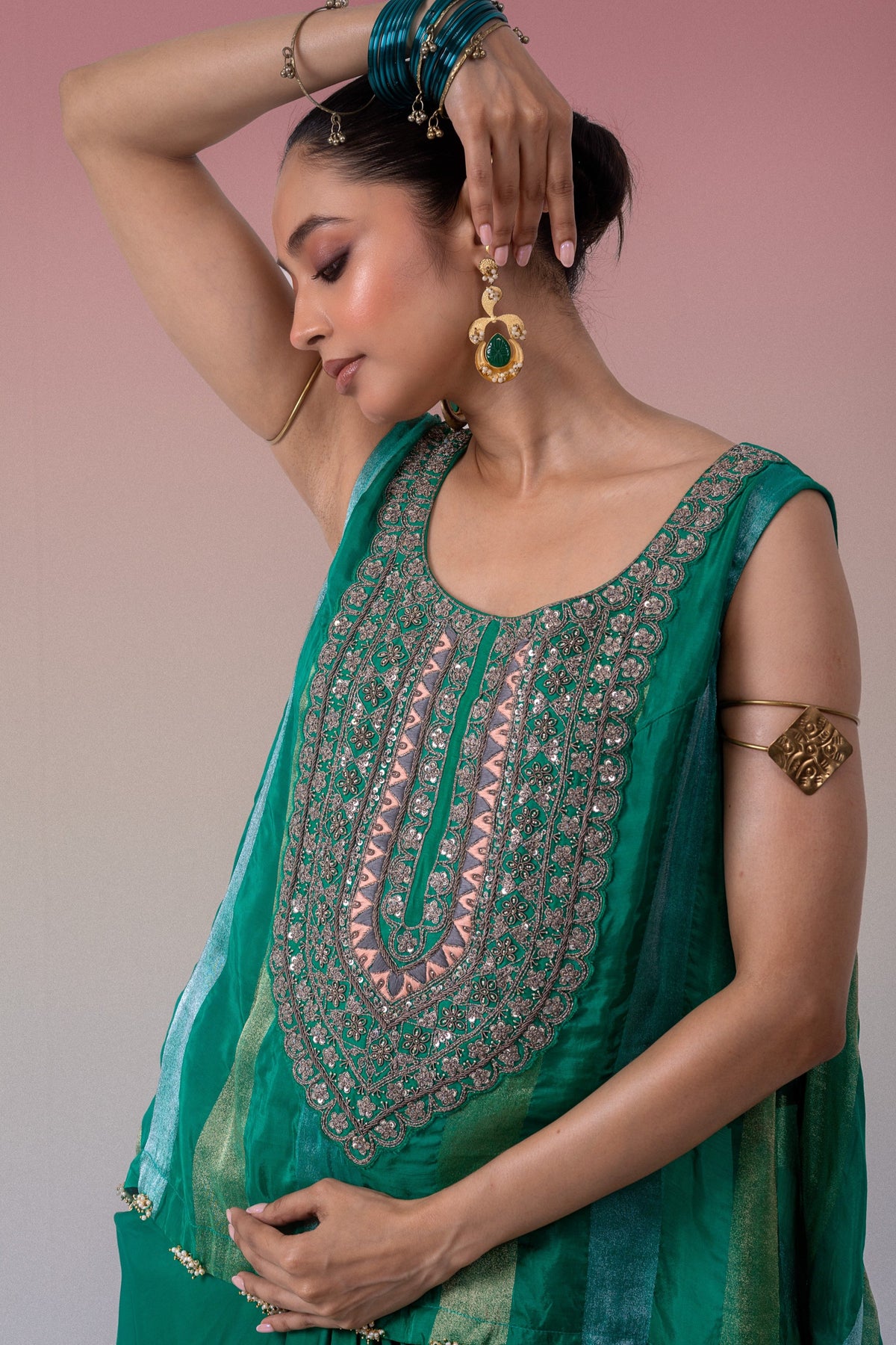 Dark Green Embellished Brocade Banarasi Silk Skirt Set