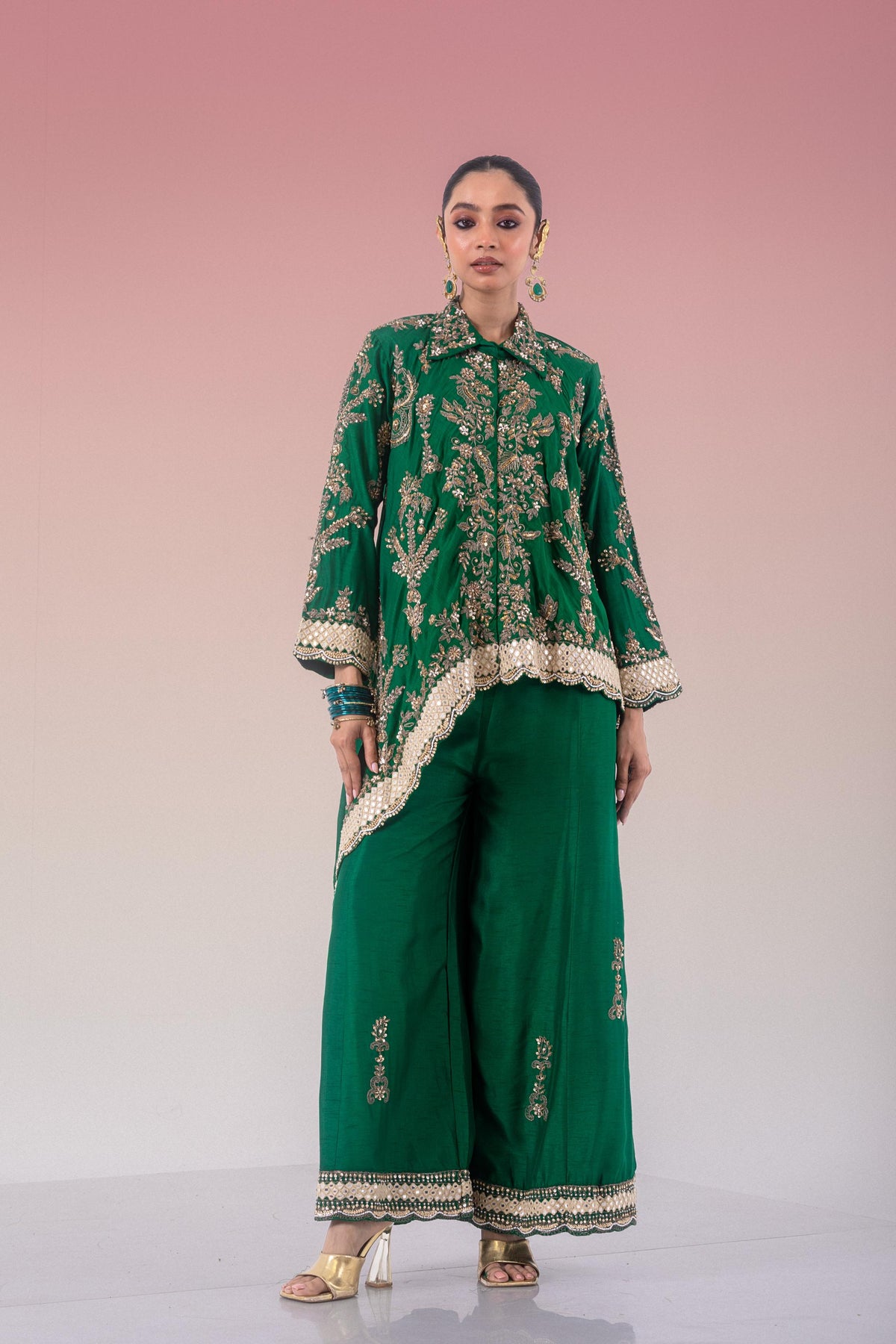 Green Clover Embellished Raw Silk Palazzo Set