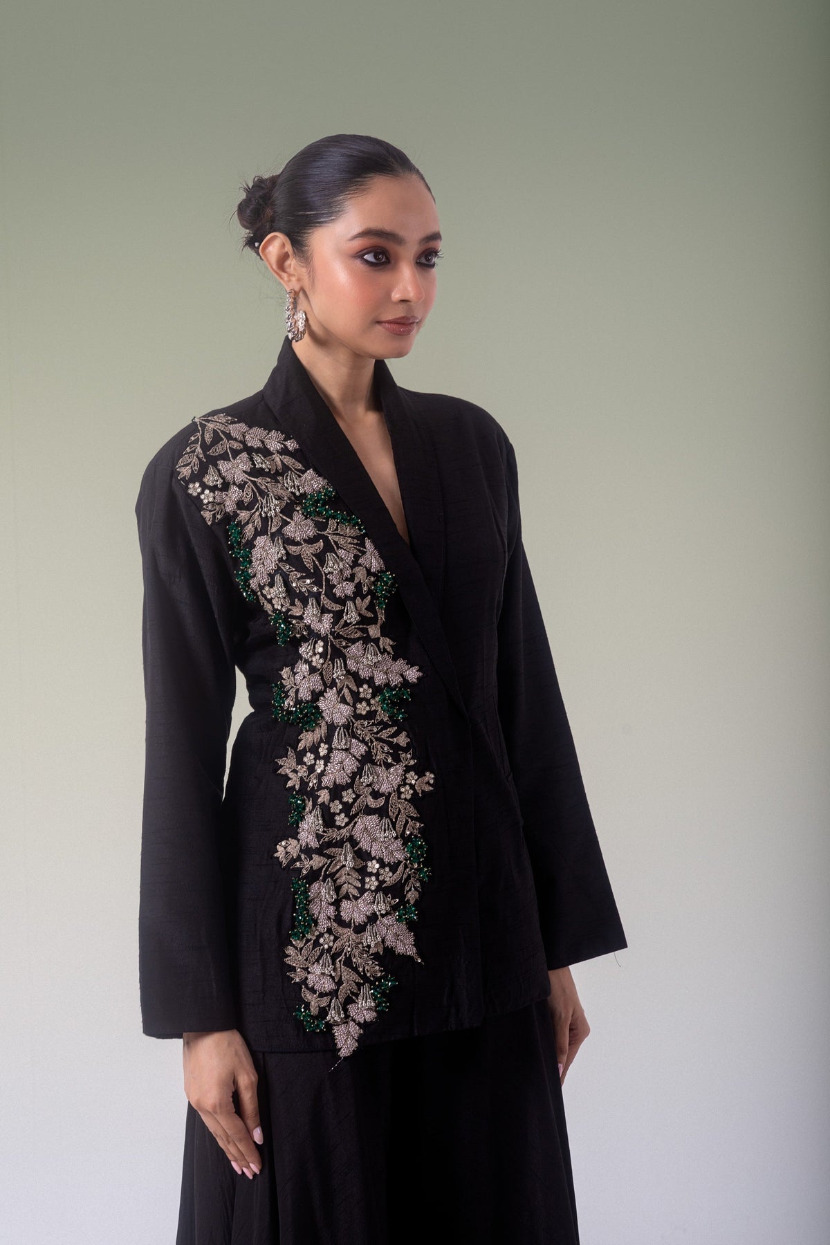 Midnight Black Embellished Raw Silk Co-Ord
