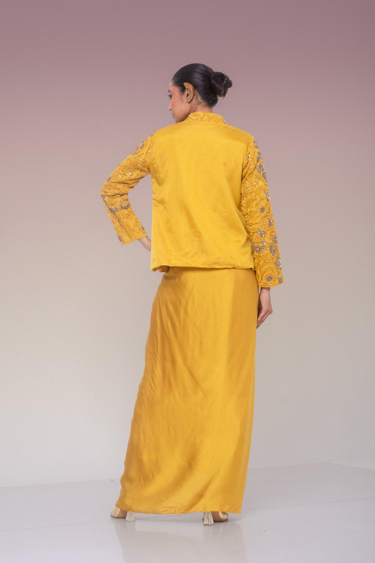 Mustard Gold Embellished Organza Silk Skirt Set