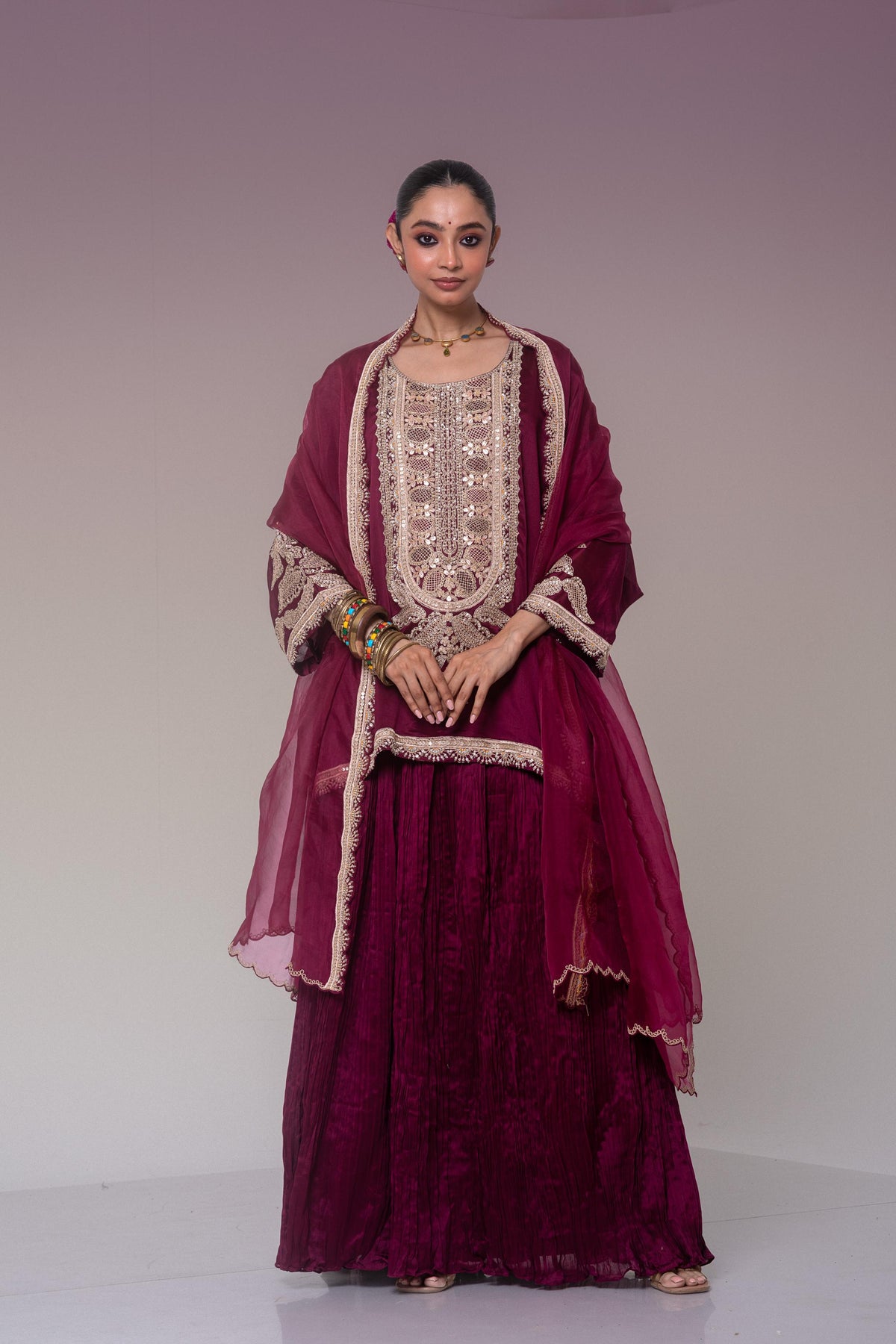 Deep Burgundy Embellished Organza Silk Skirt Set