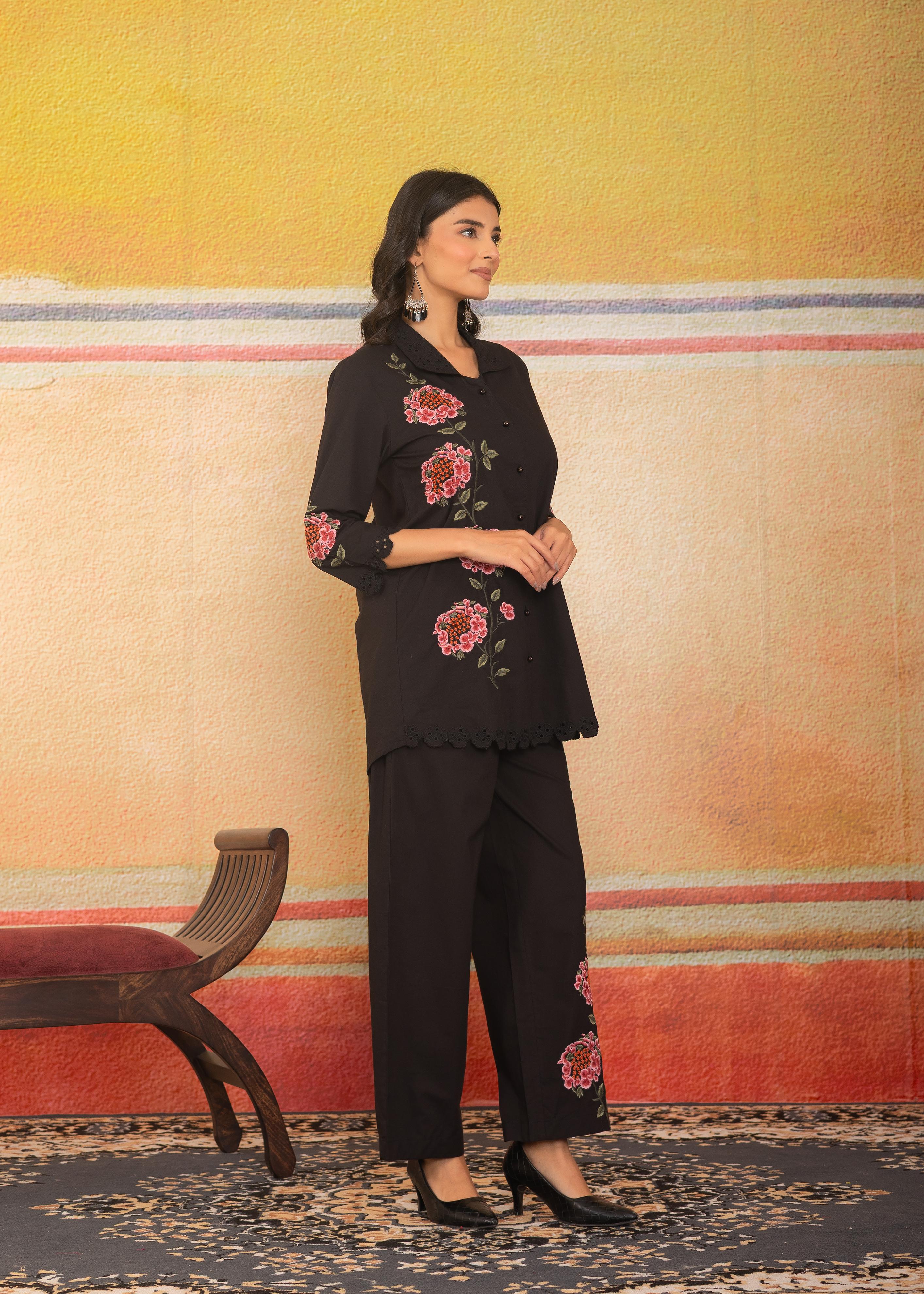 Black Floral Embroidered Co-ord Set