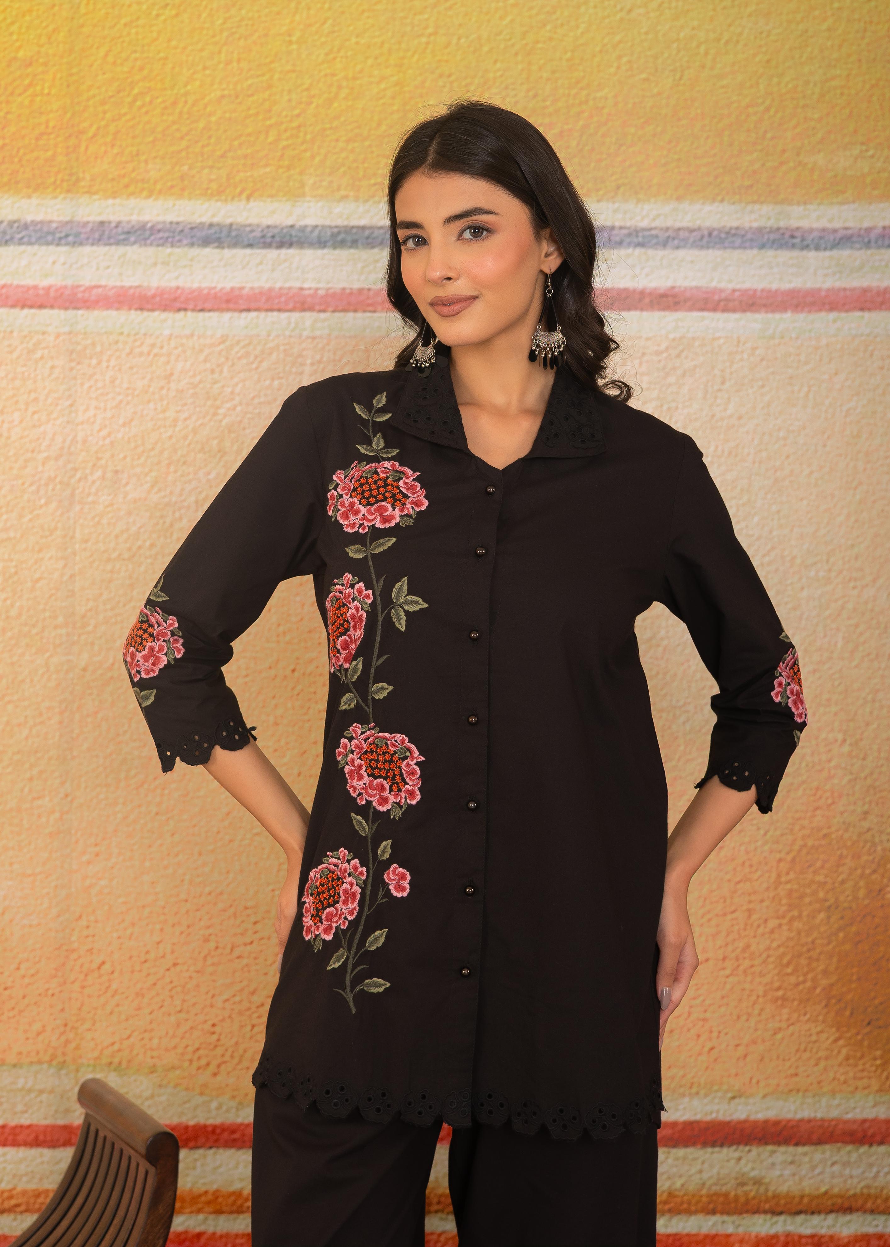 Black Floral Embroidered Co-ord Set