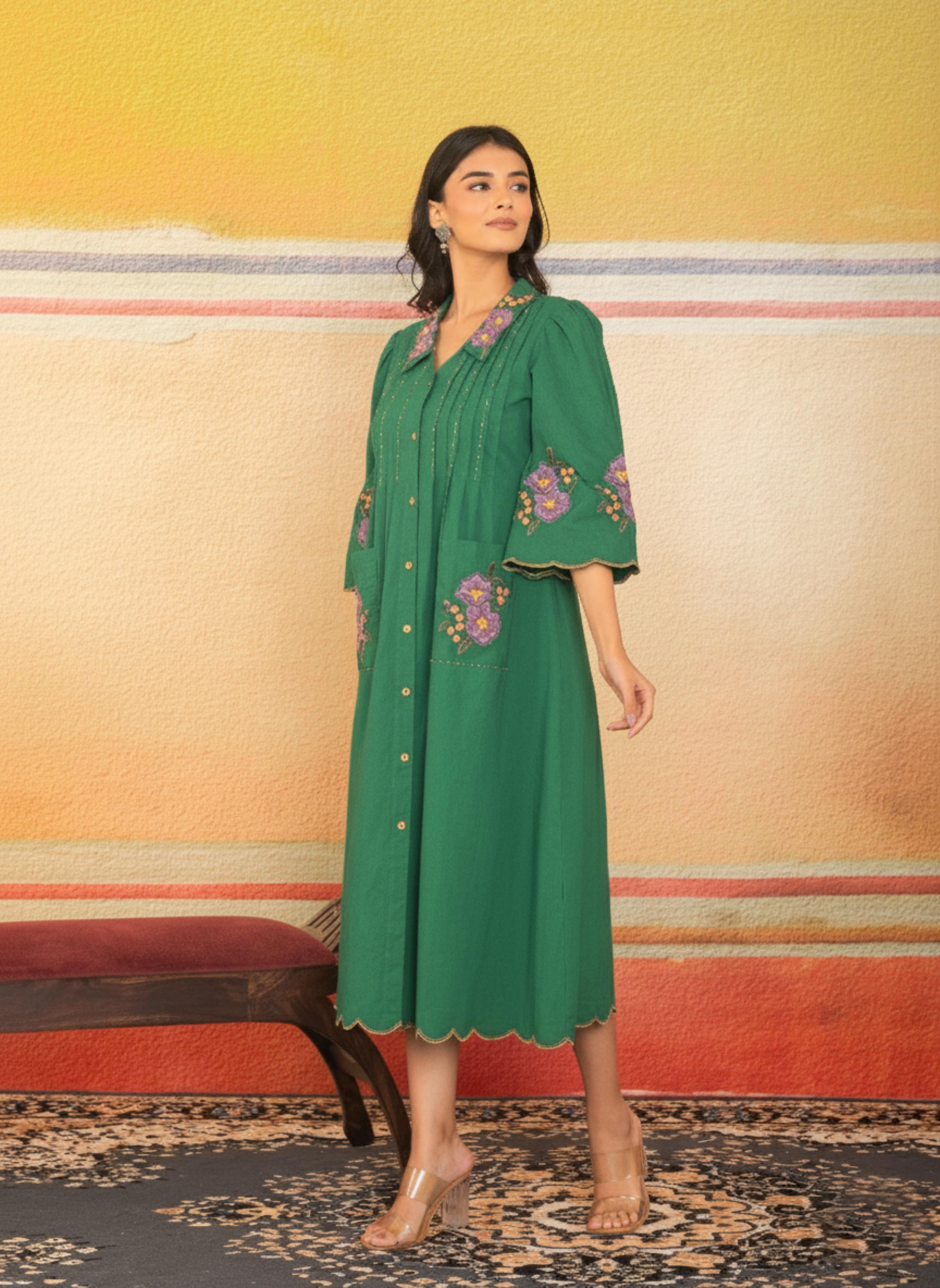 Green Scalloped Hem Embroidered Dress