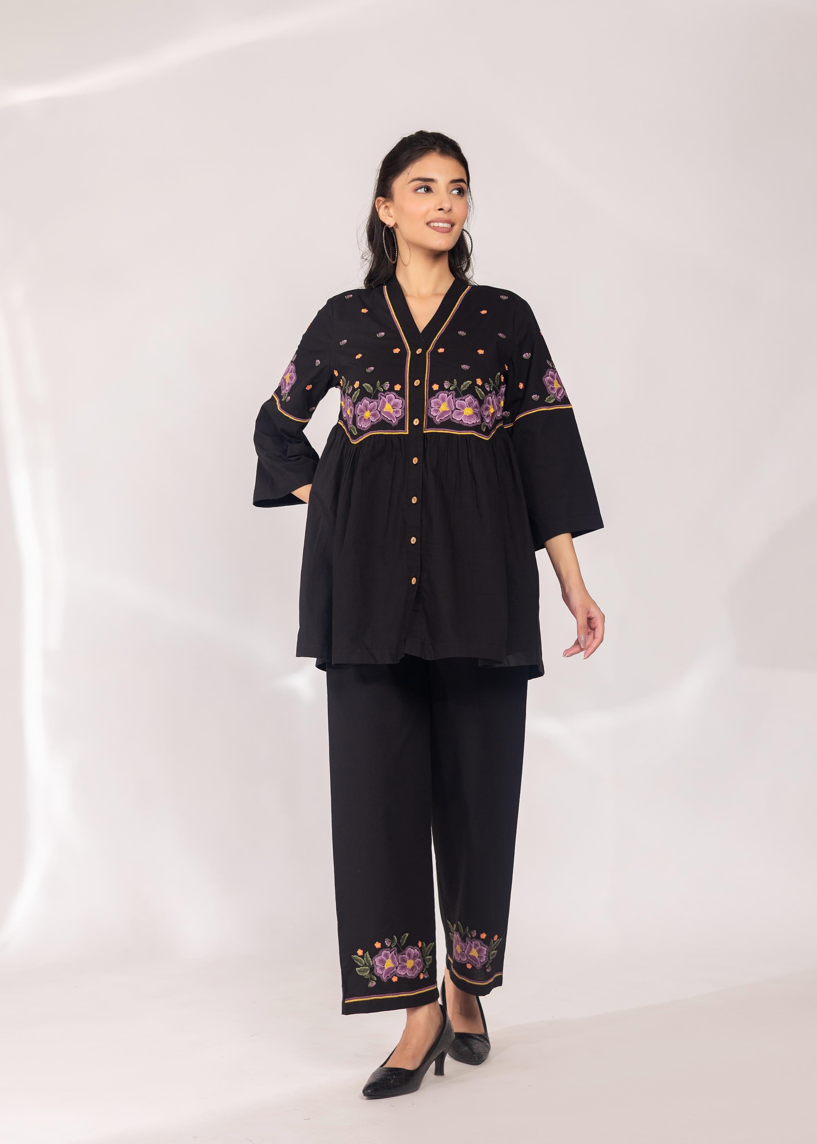 Black V-Neck Floral Embroidered Co-ord Set