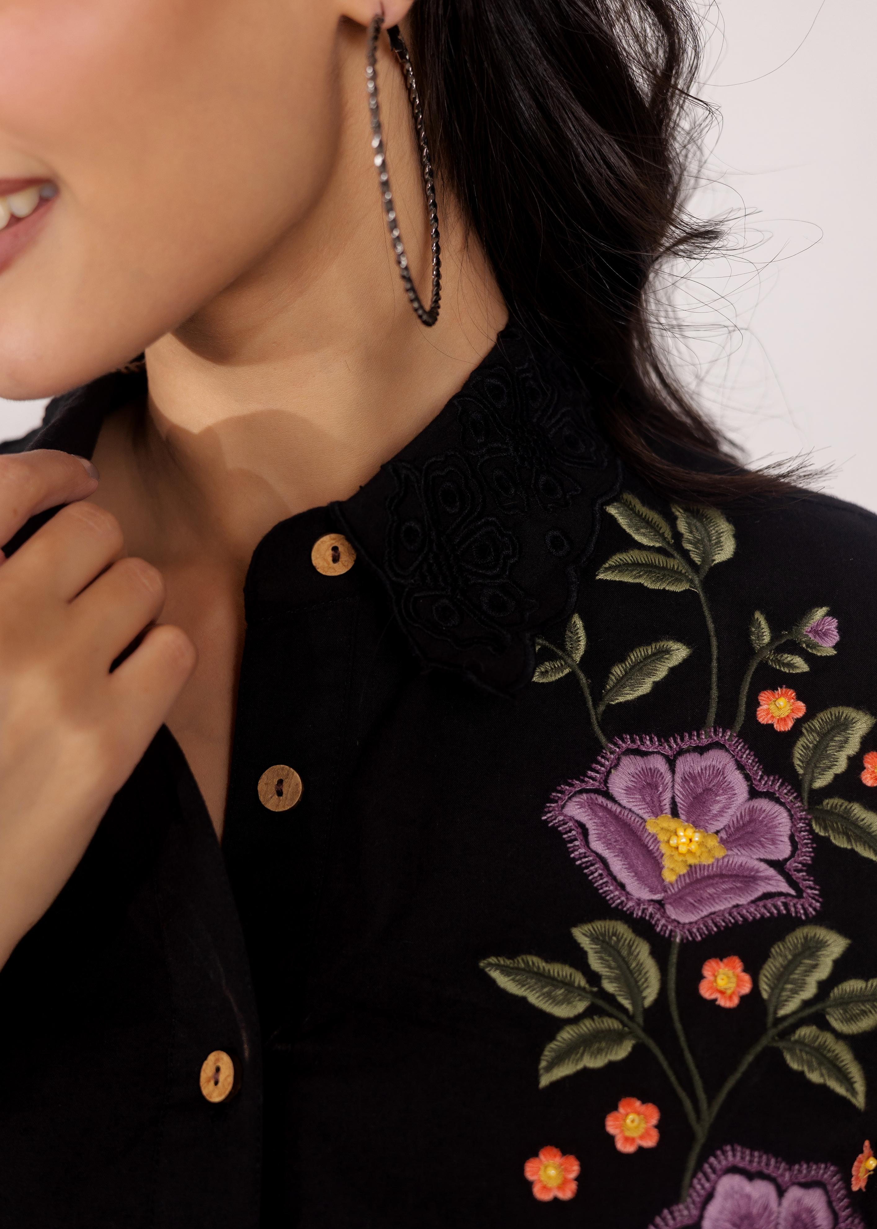 Black V-Neck Floral Embroidered Co-ord Set