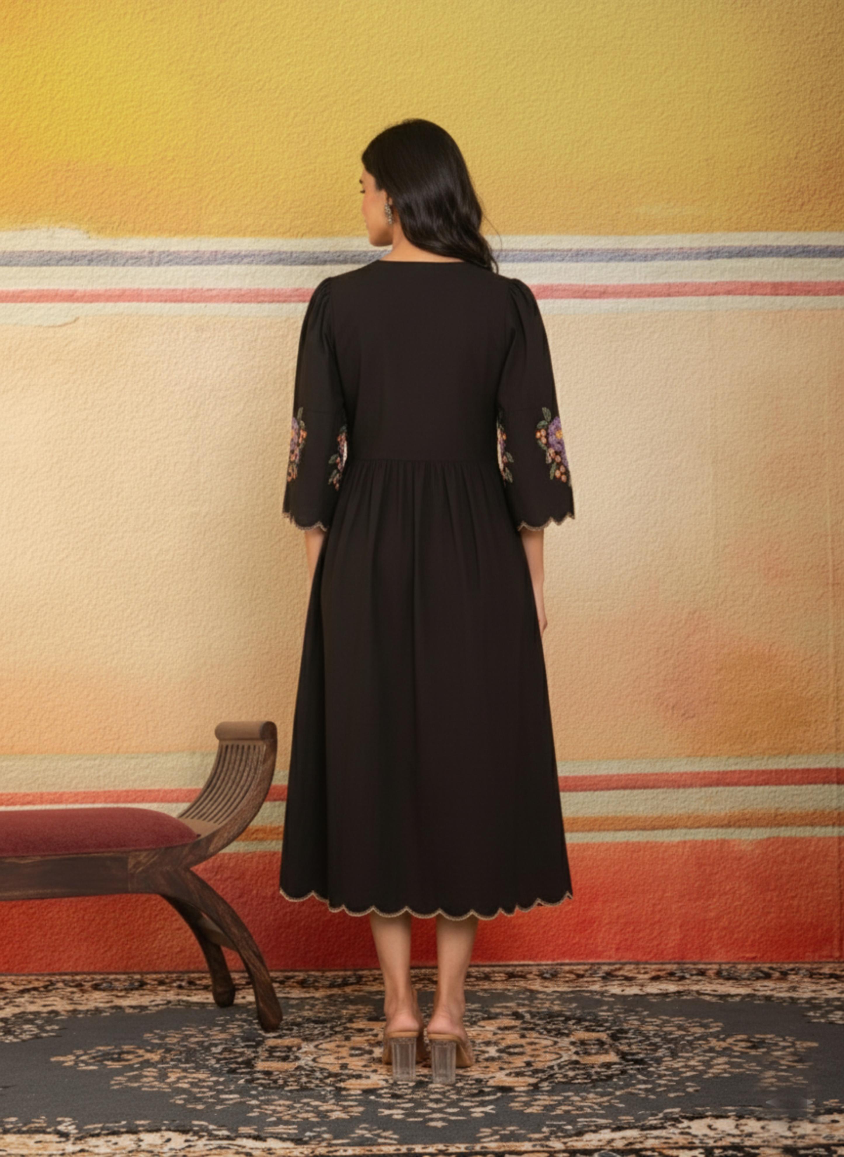 Black Scalloped Hem Embroidered Dress