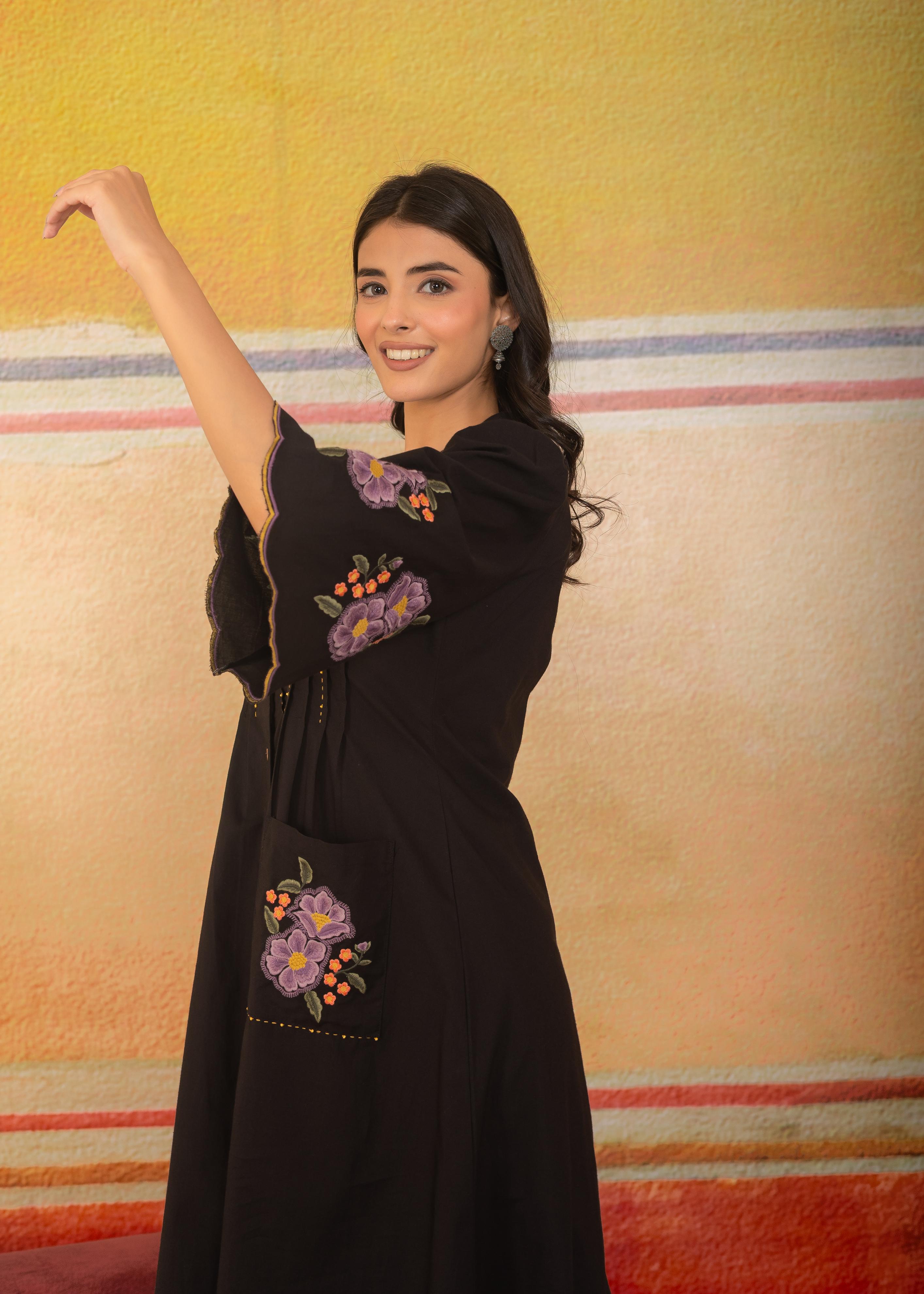 Black Scalloped Hem Embroidered Dress