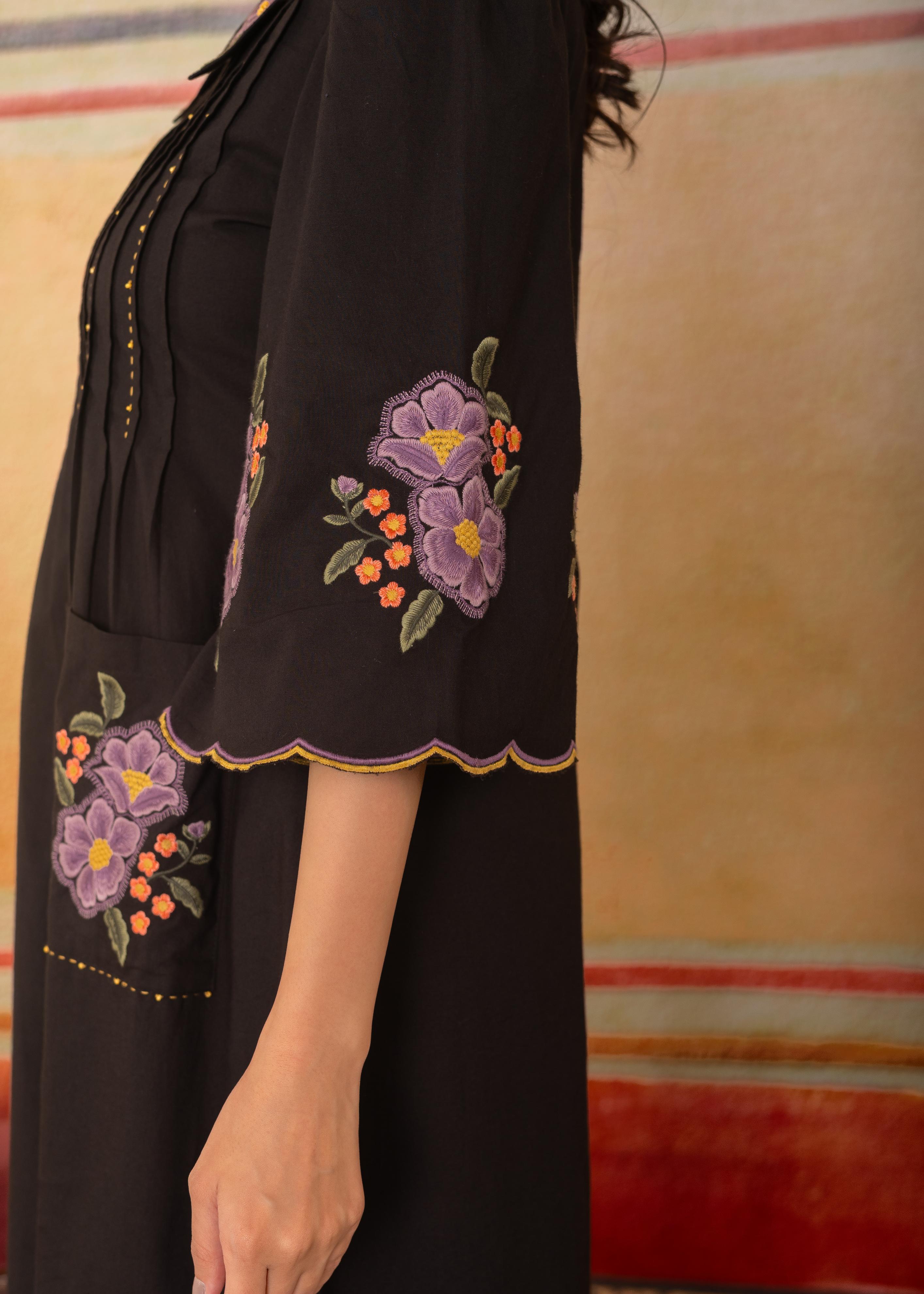 Black Scalloped Hem Embroidered Dress