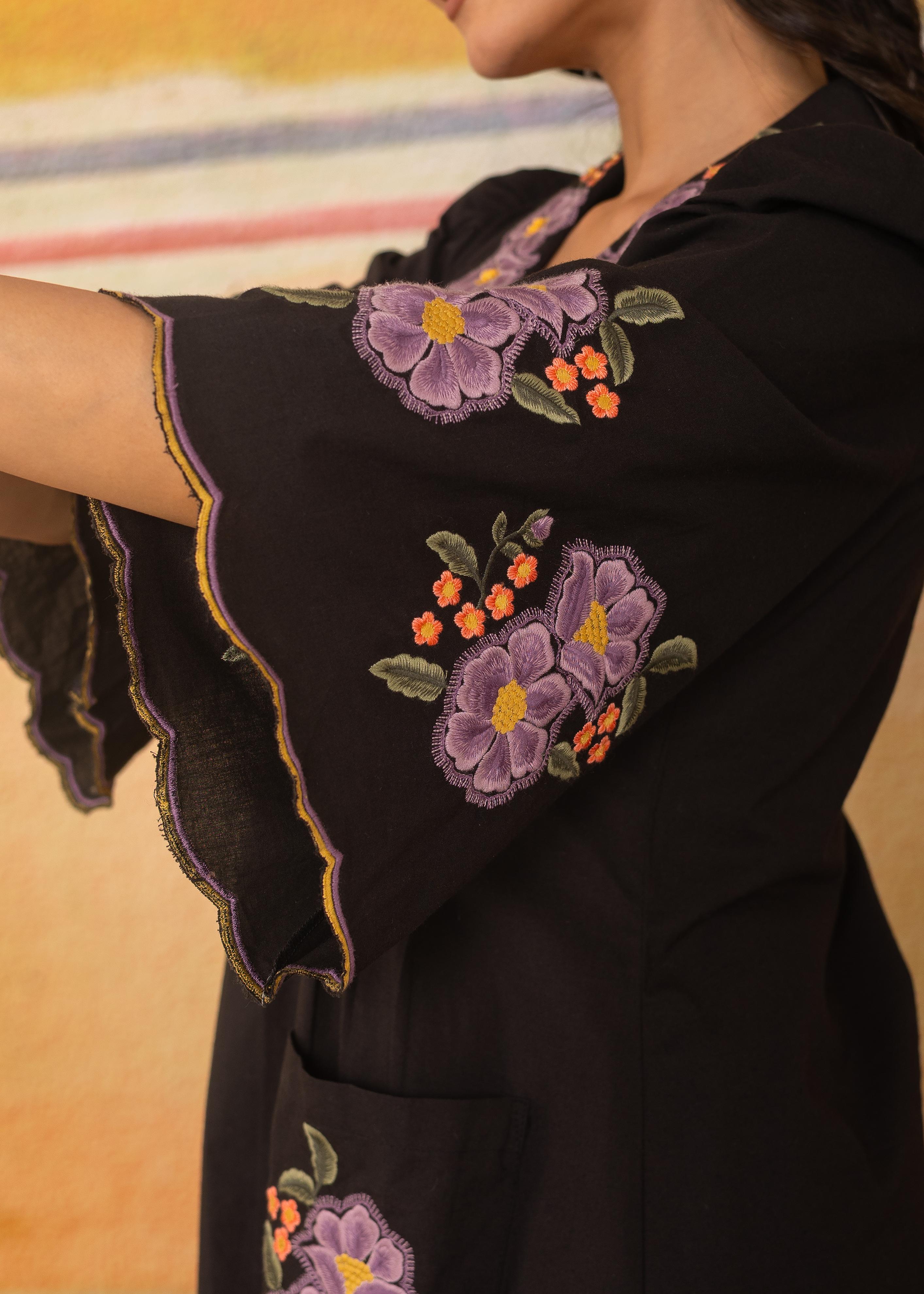 Black Scalloped Hem Embroidered Dress