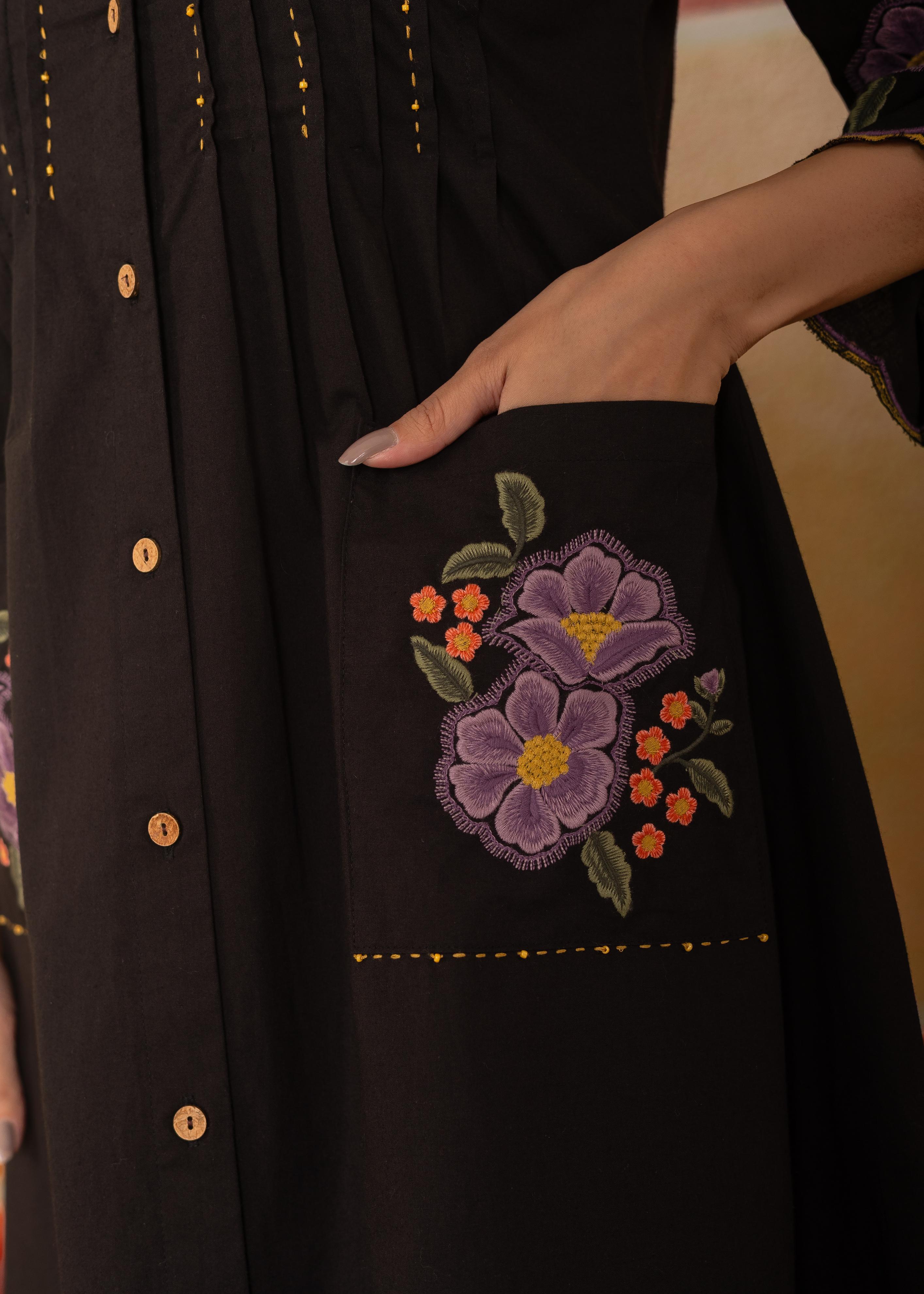 Black Scalloped Hem Embroidered Dress