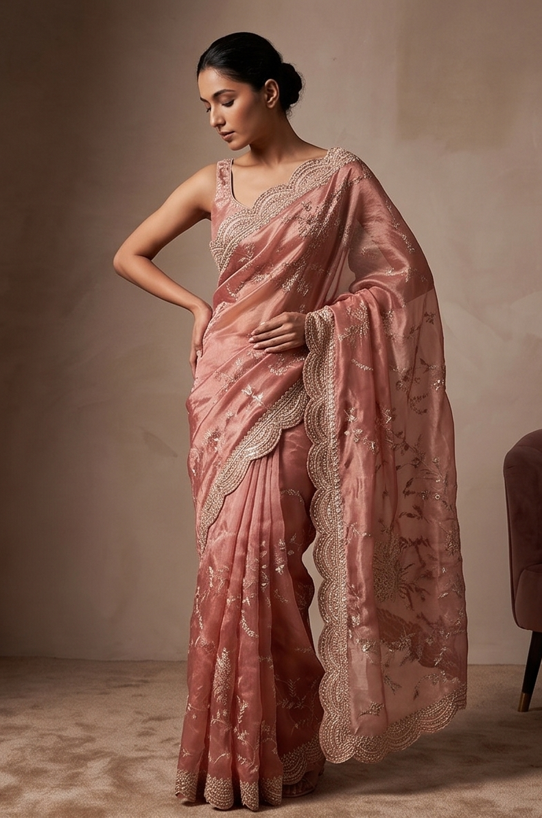 Peach Embellished Tissue Silk Saree