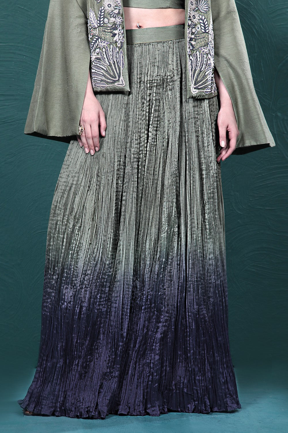 Green Embroidered Jacket Skirt Set