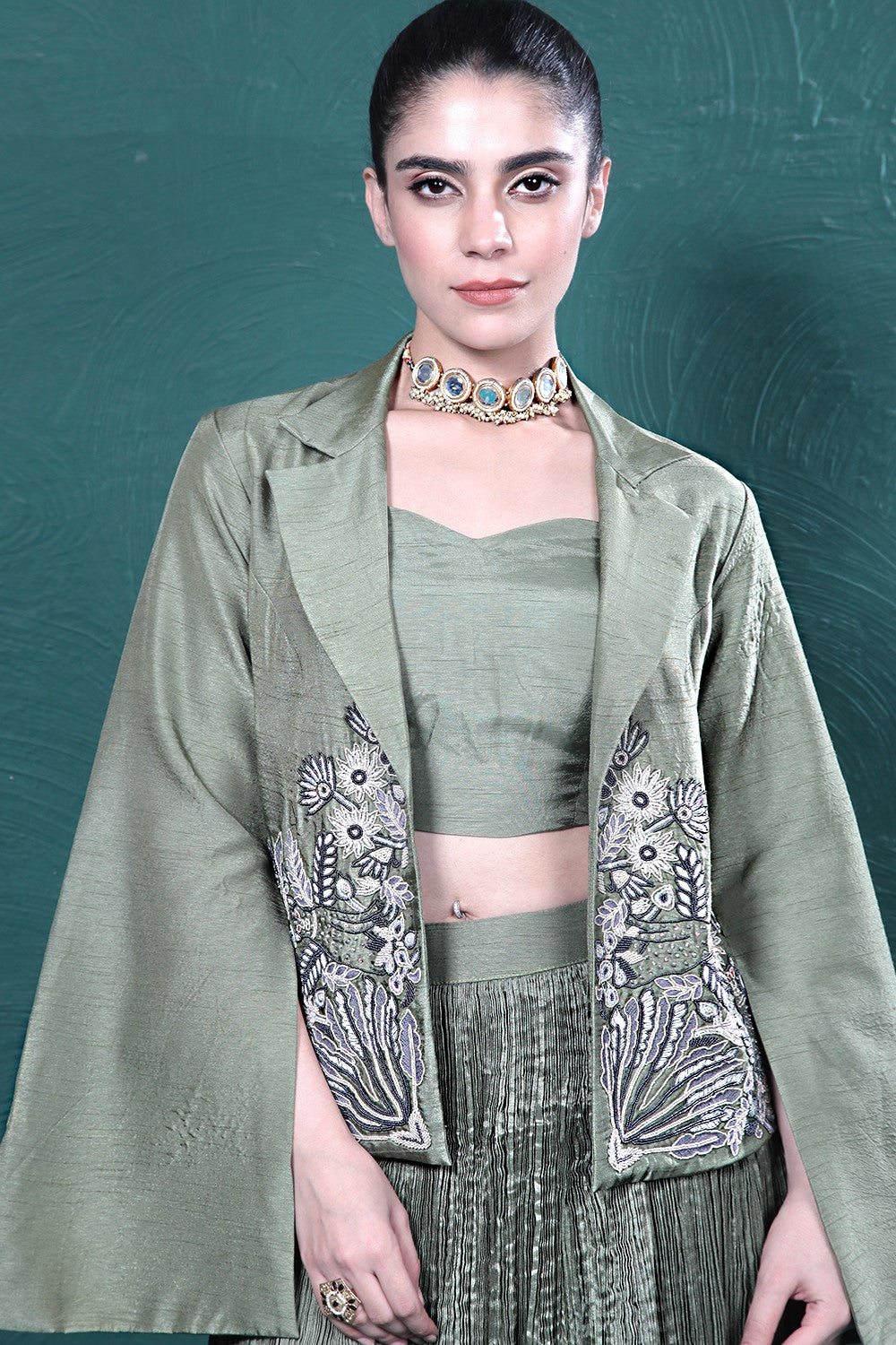 Green Embroidered Jacket Skirt Set