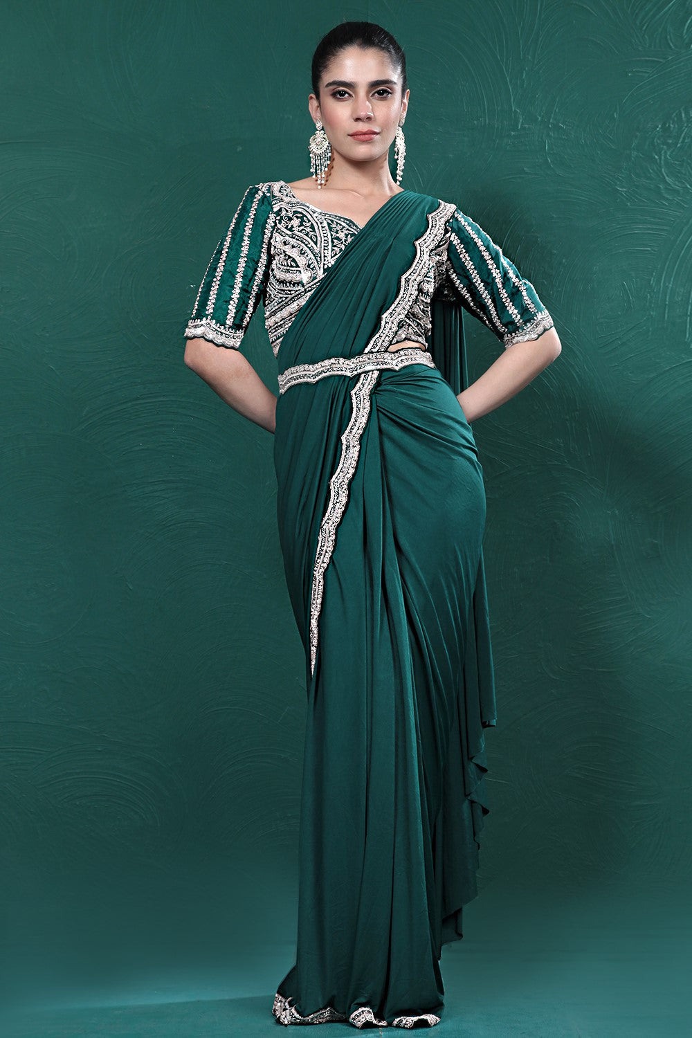 Deep Green Embellished Spandex Saree