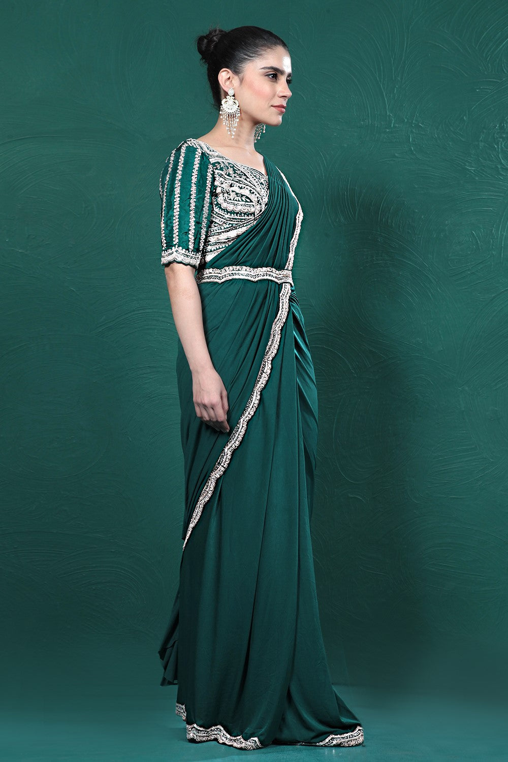 Deep Green Embellished Spandex Saree