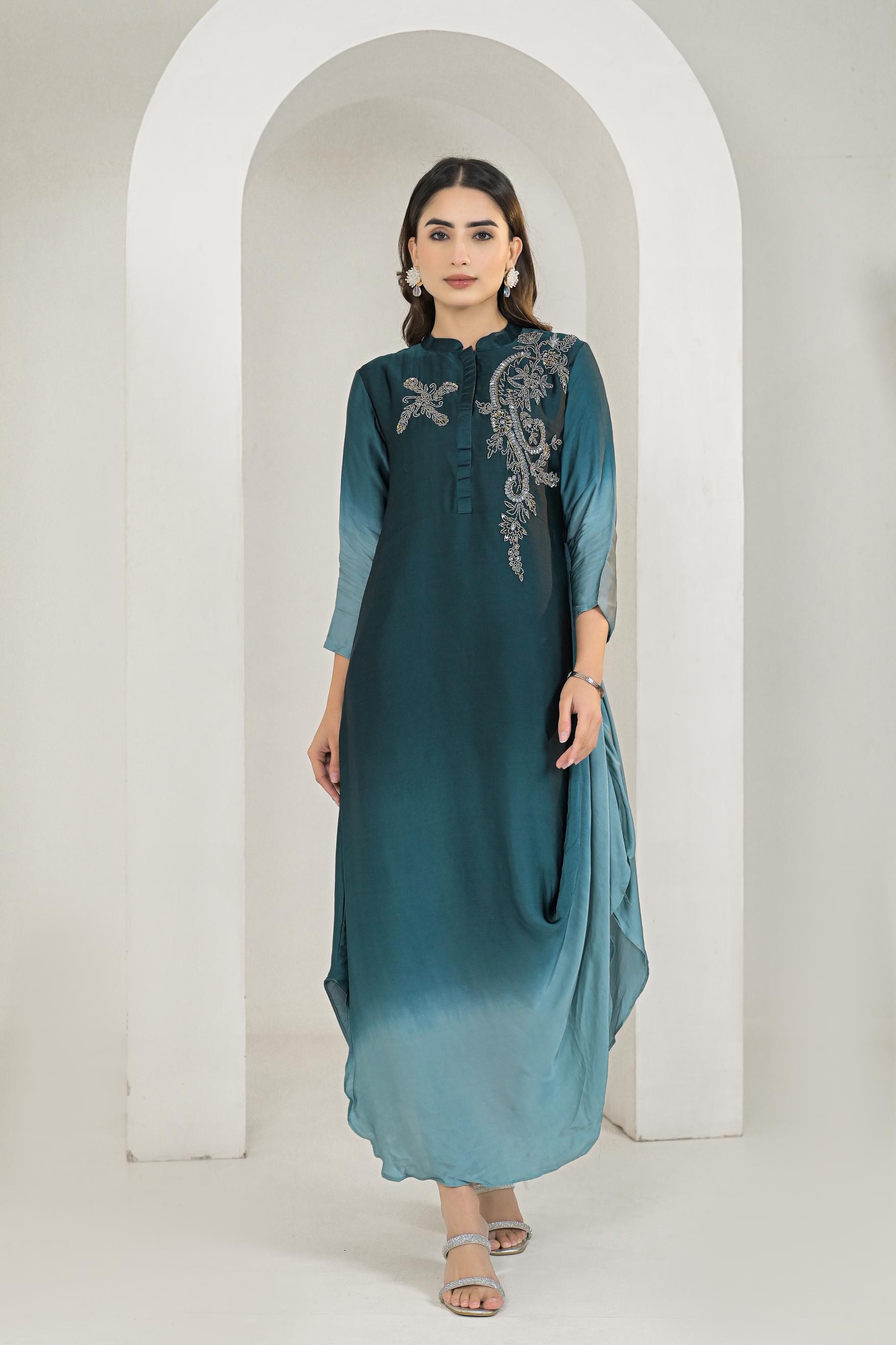 Deep Teal Ombre-Dyed Gown