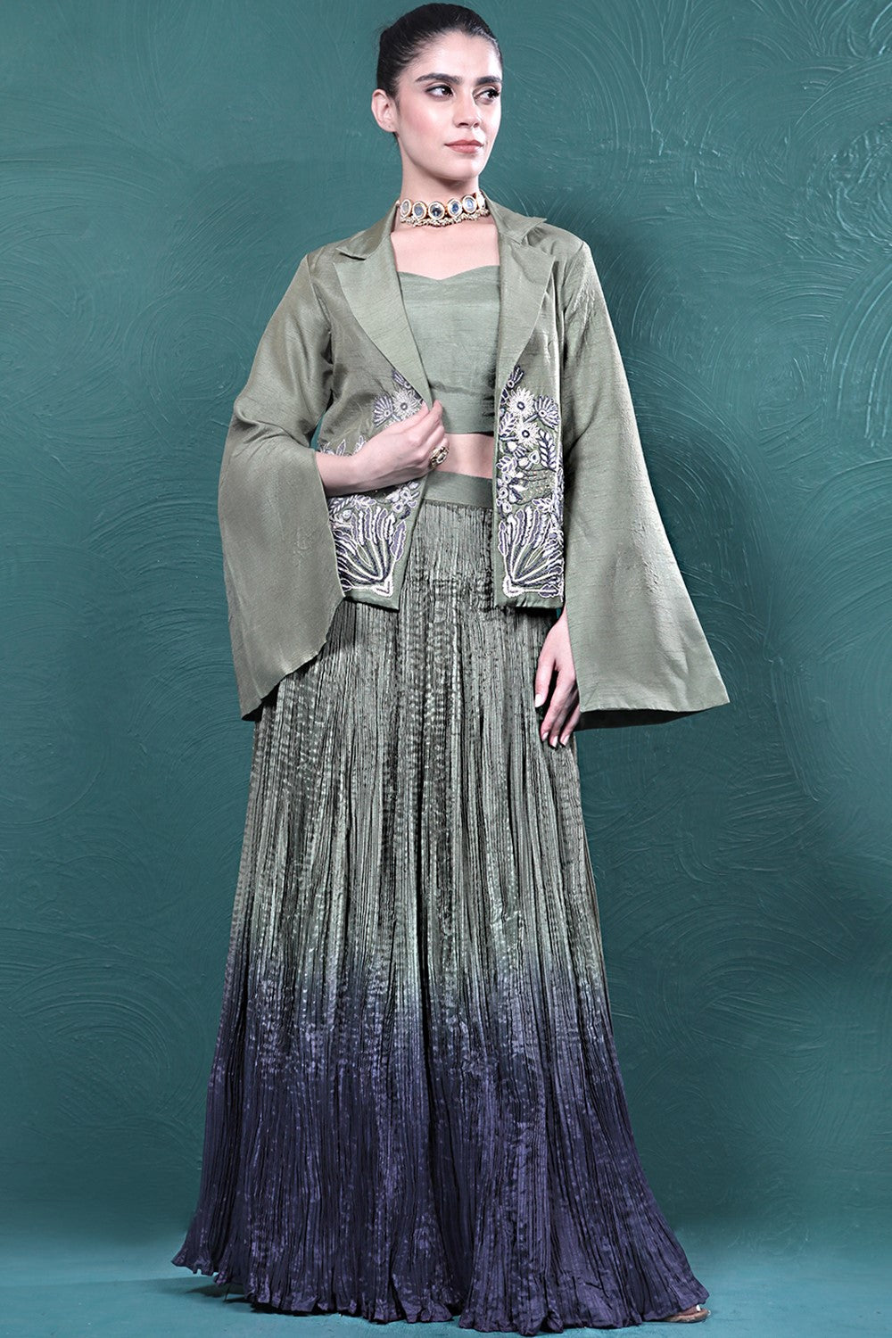 Green Embroidered Jacket Skirt Set