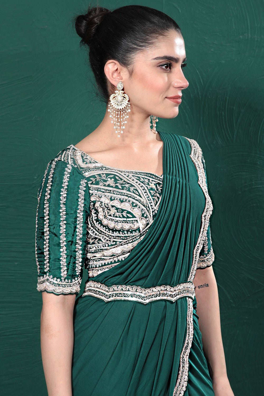 Deep Green Embellished Spandex Saree