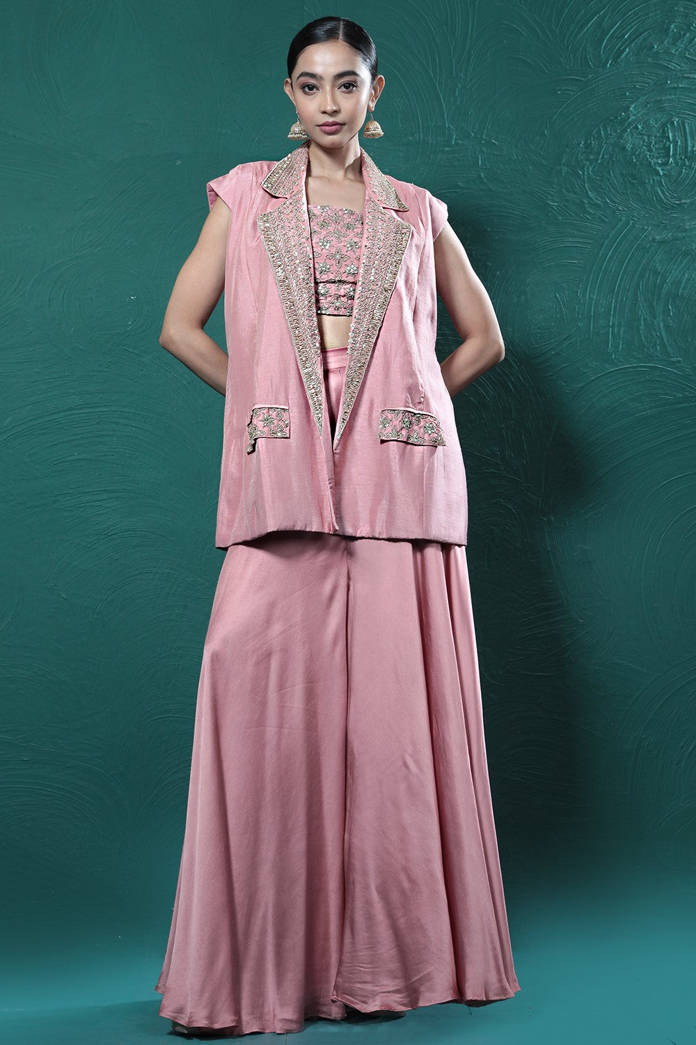Blush Pink Embroidered Jacket & Palazzo Set