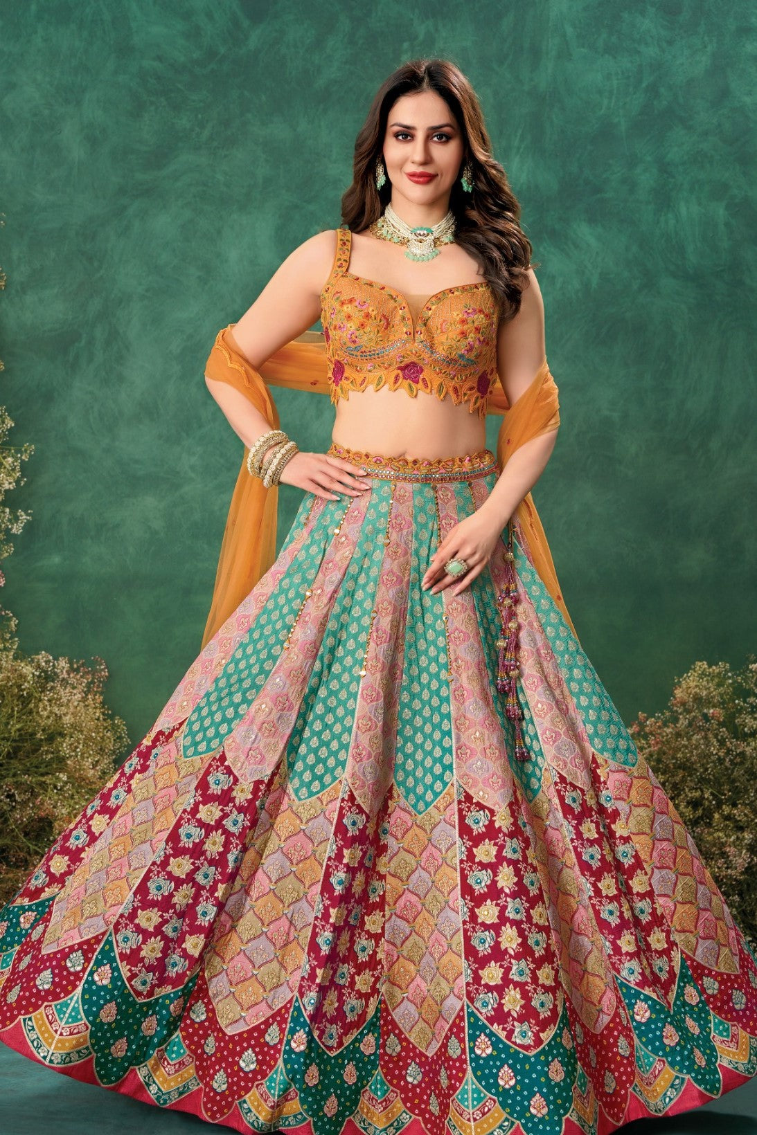 Orange Multicolor Embroidered Lehenga Set