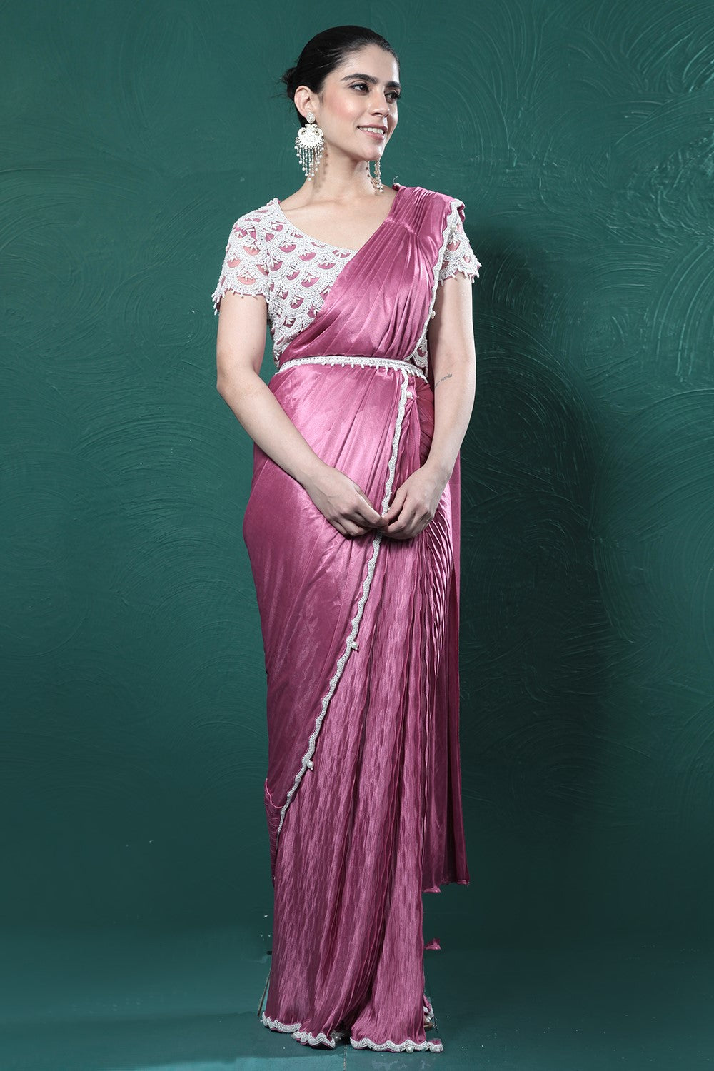 Dark Pink Embellished Spandex Saree